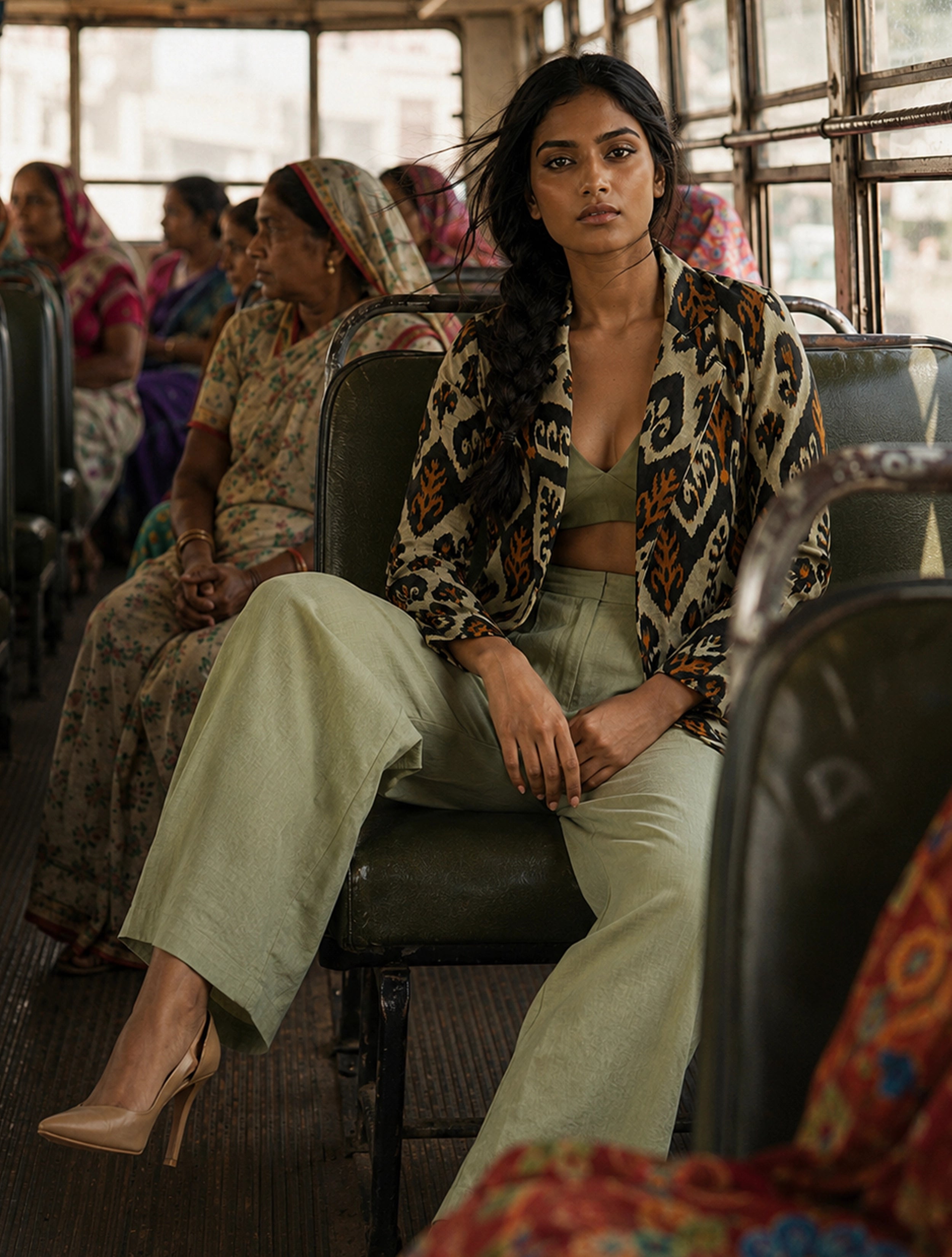 trueBrowns Mint Green Ikat Print Cotton Poplin Blazer Co-Ord Set