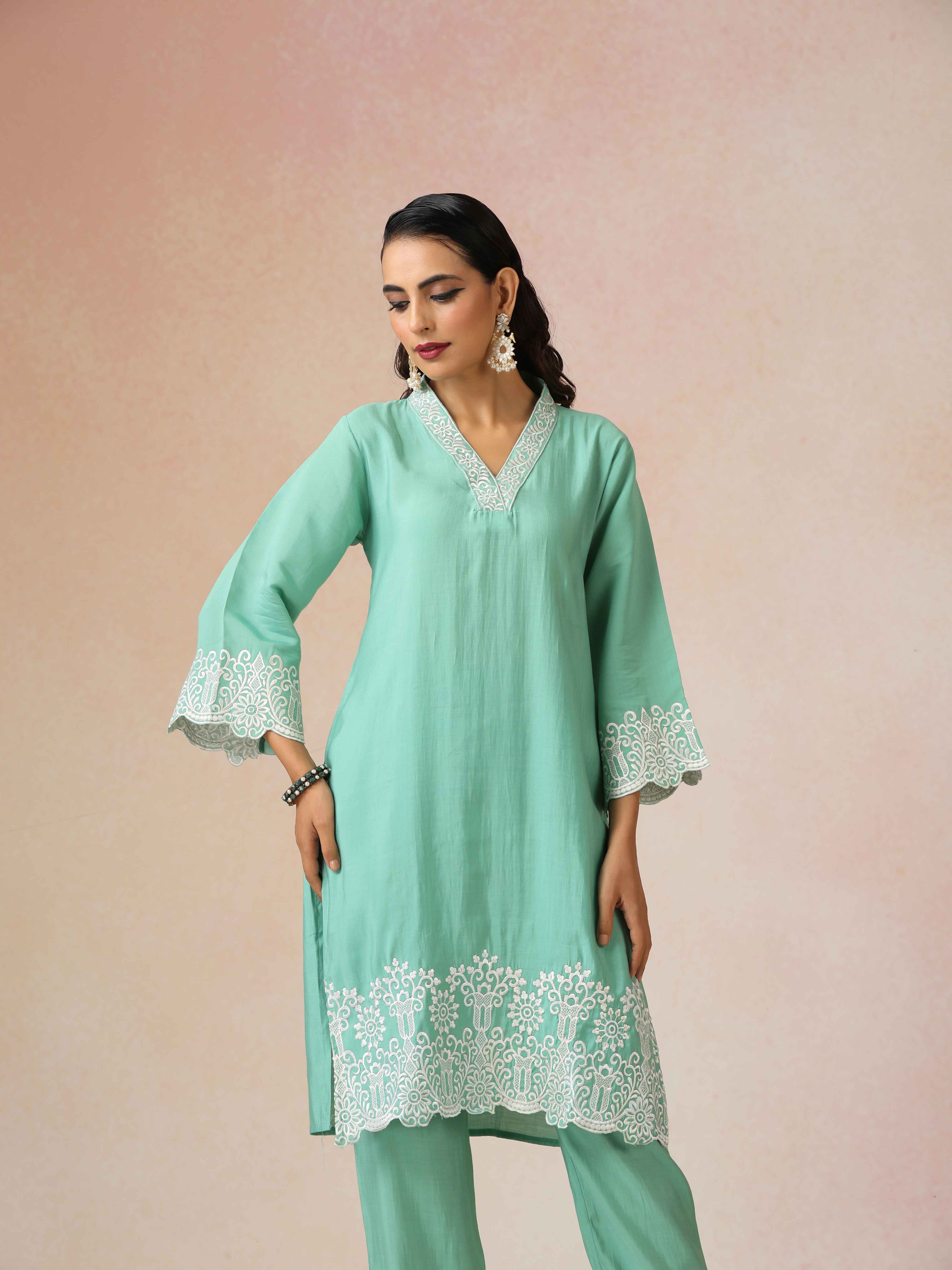 trueBrowns Mint Green Embroidered Straight Kurta Co-Ord Set