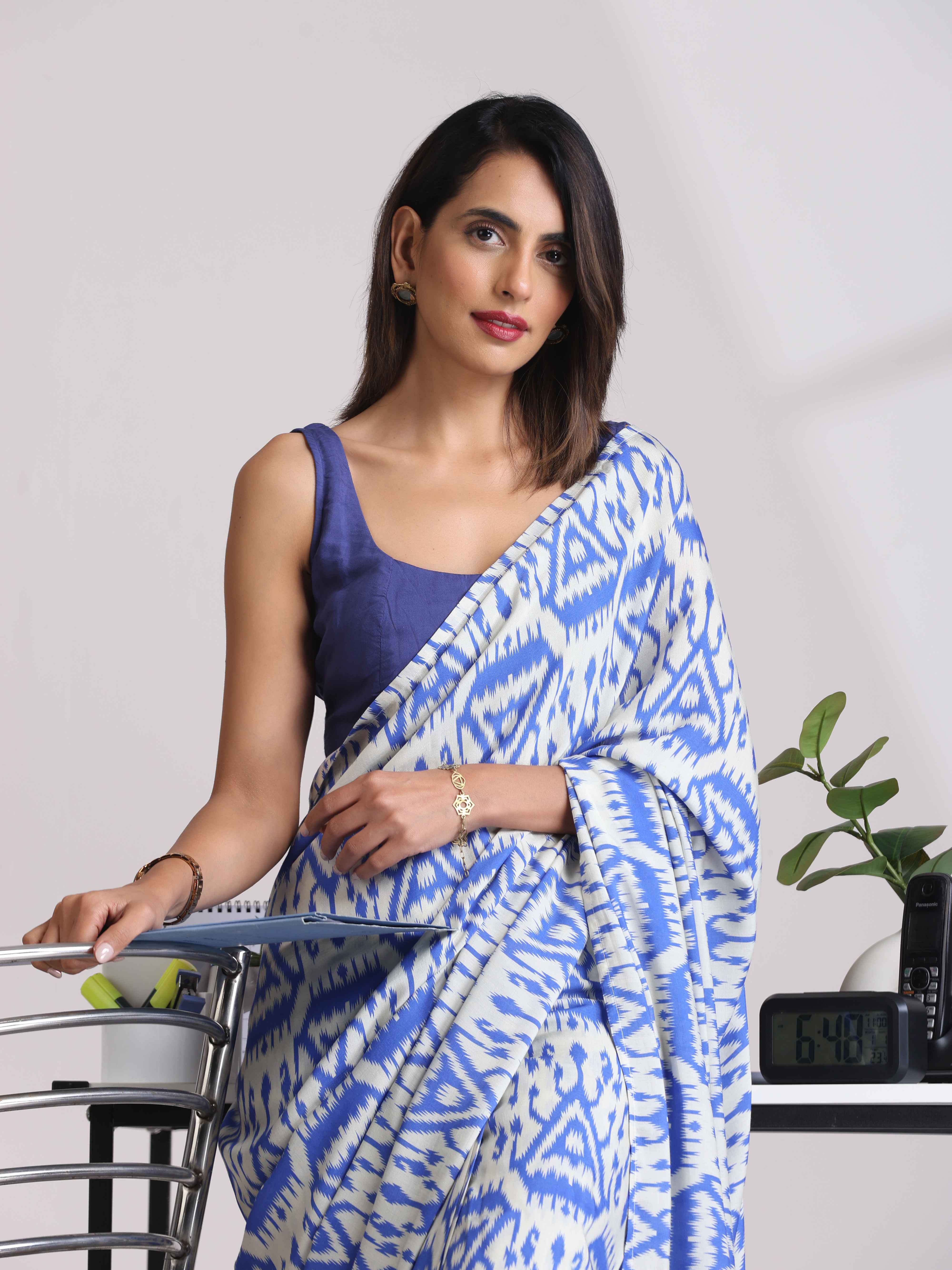 trueBrowns Blue Muslin Ikat Saree