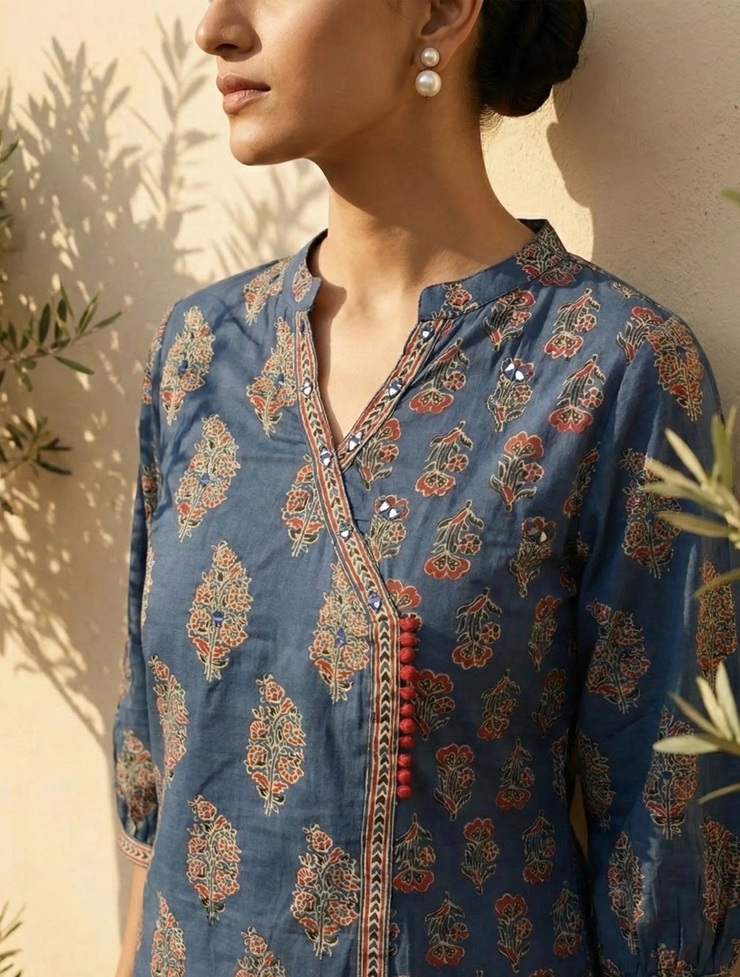 trueBrowns Blue Boota Print Angrakha Kurta Pant Dupatta Set