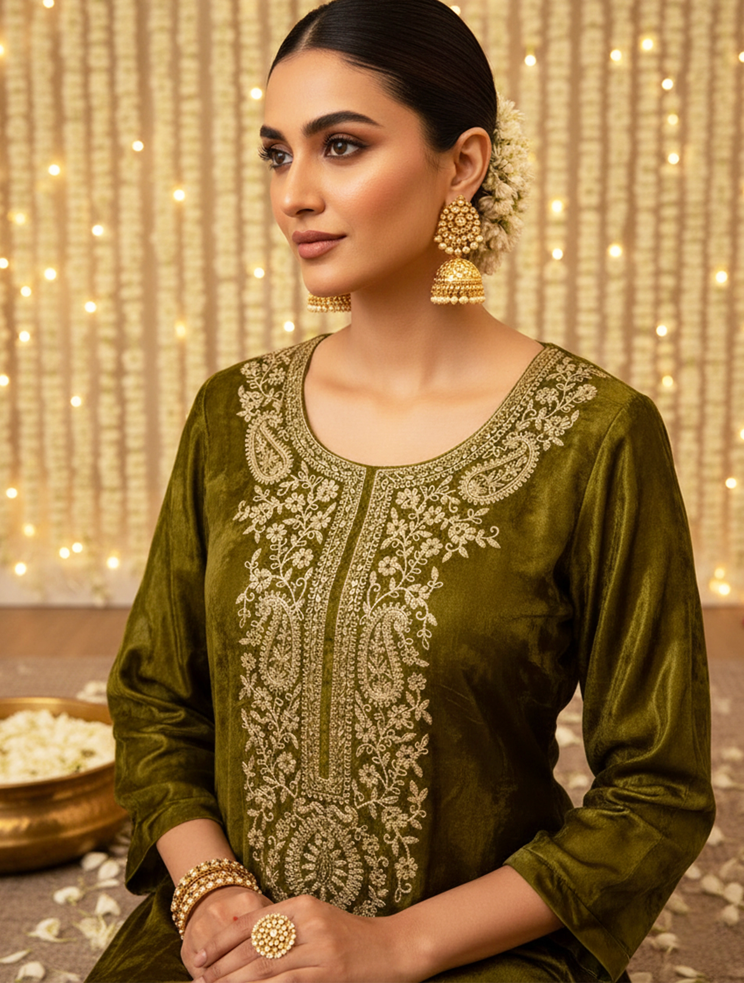 trueBrowns Lime Luxe Velvet Embroidered Kurta Pants Dupatta Set