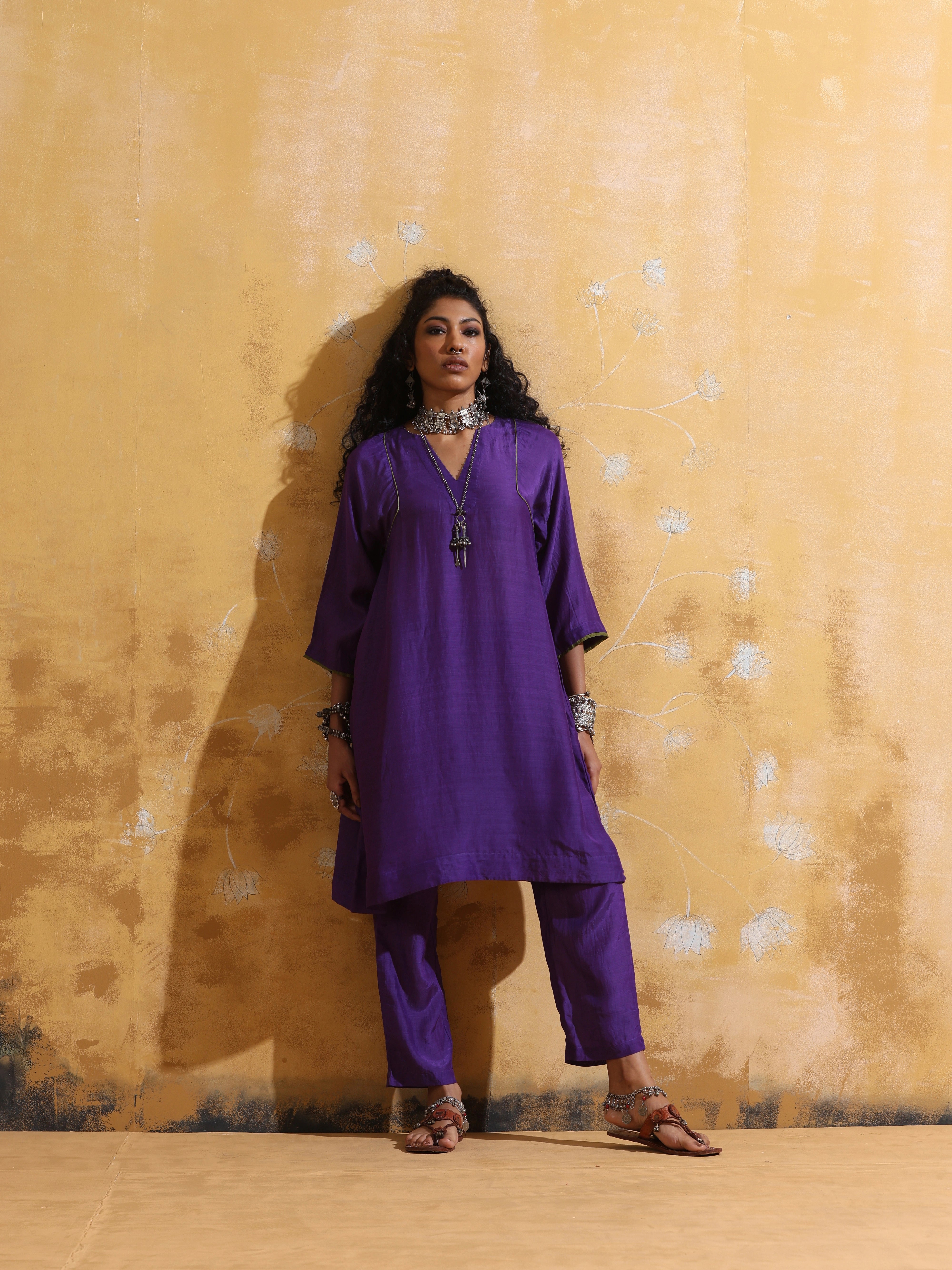 trueBrowns Purple Muslin Silk A-line Kurta Co-ord Set