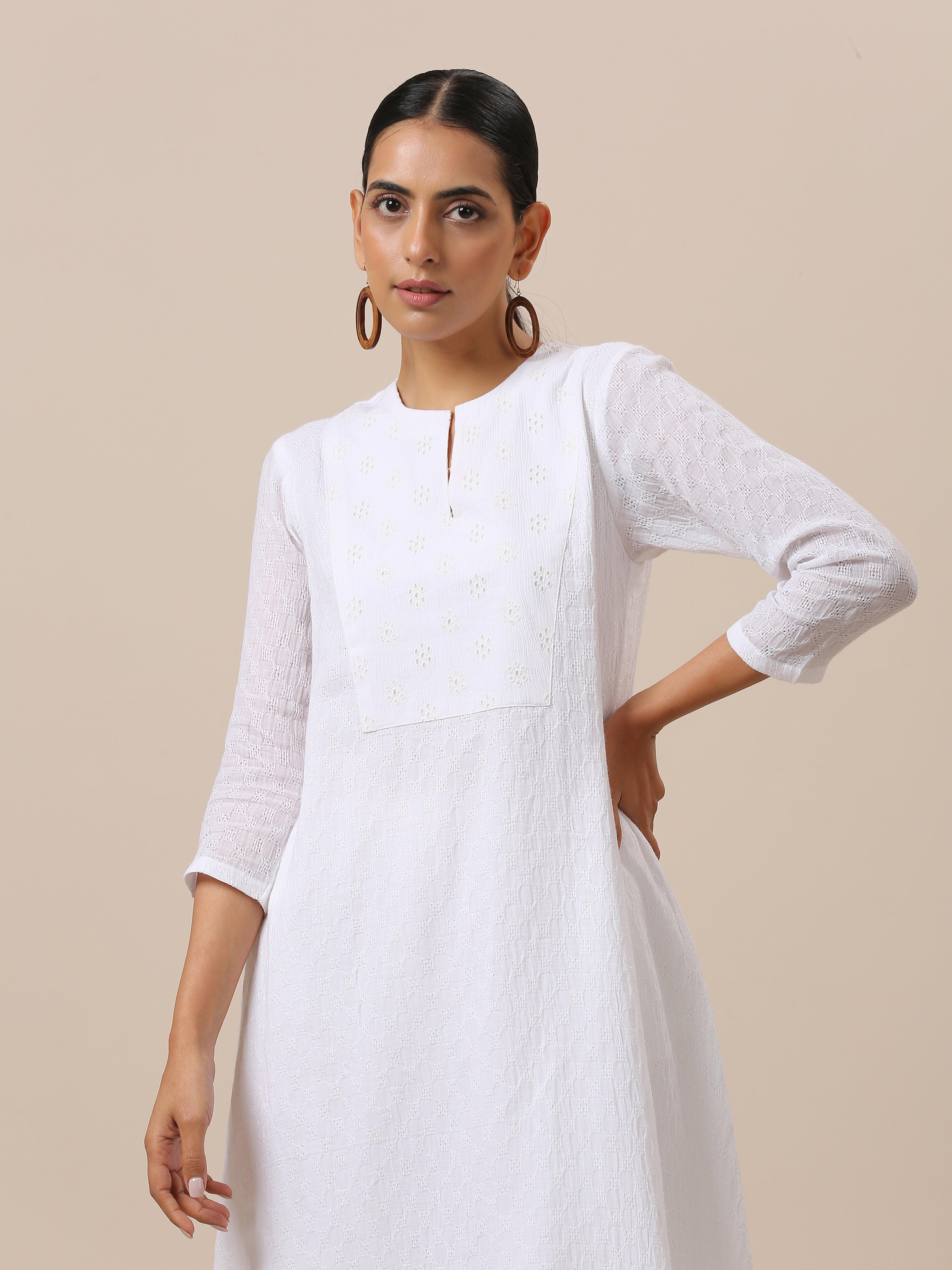 Cotton White Weave Yoke Kurta Pant Set - trueBrowns
