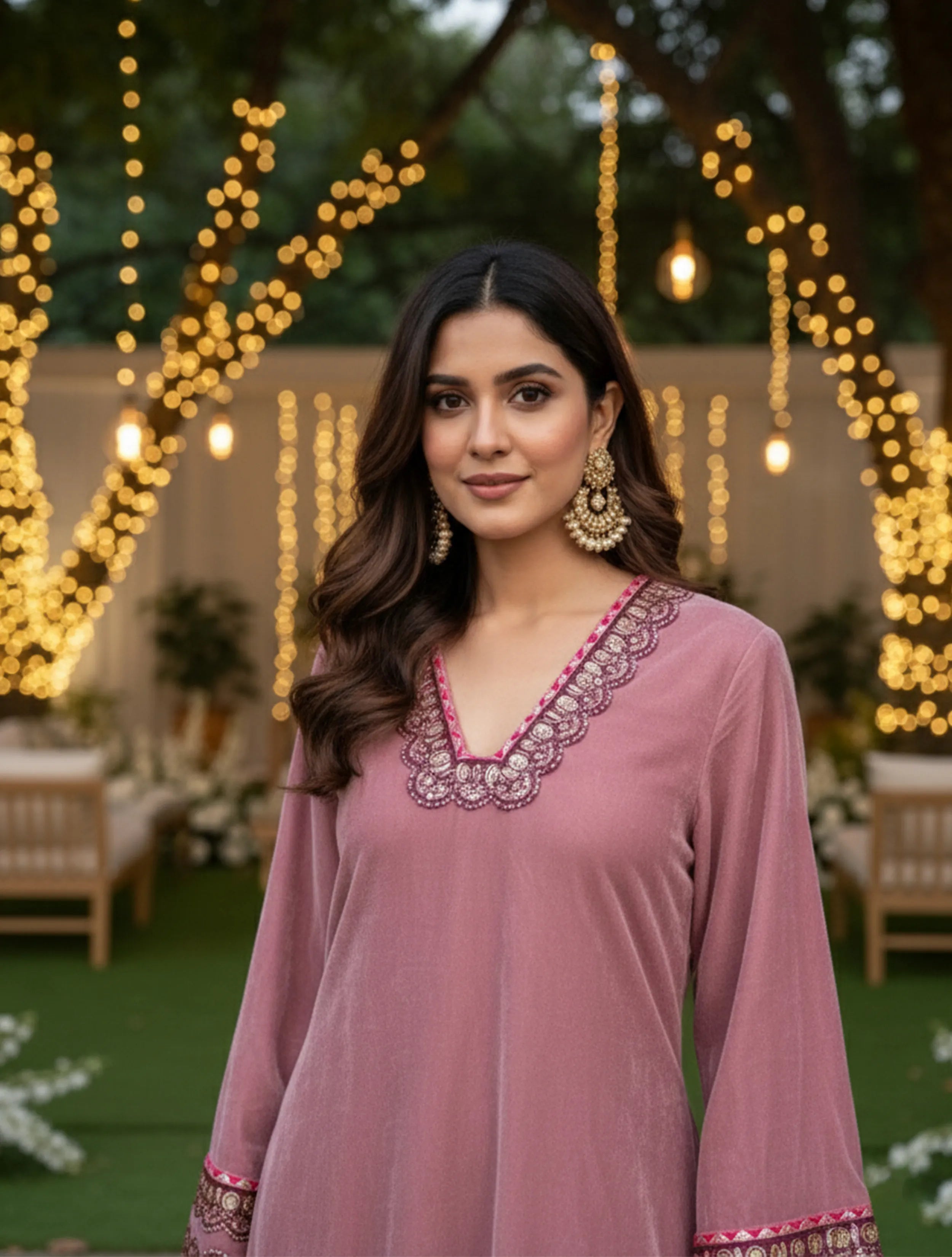 trueBrowns Pink Glass Neck Velvet Dress