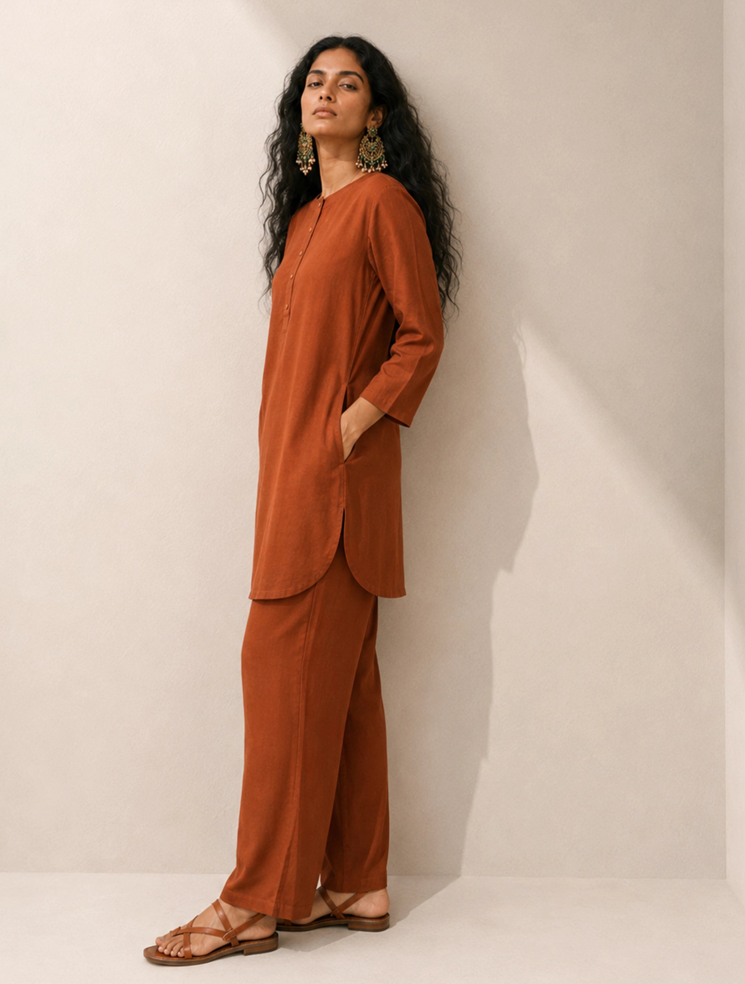 trueBrowns Rust Solid Viscose Round Neck Co-Ord Set