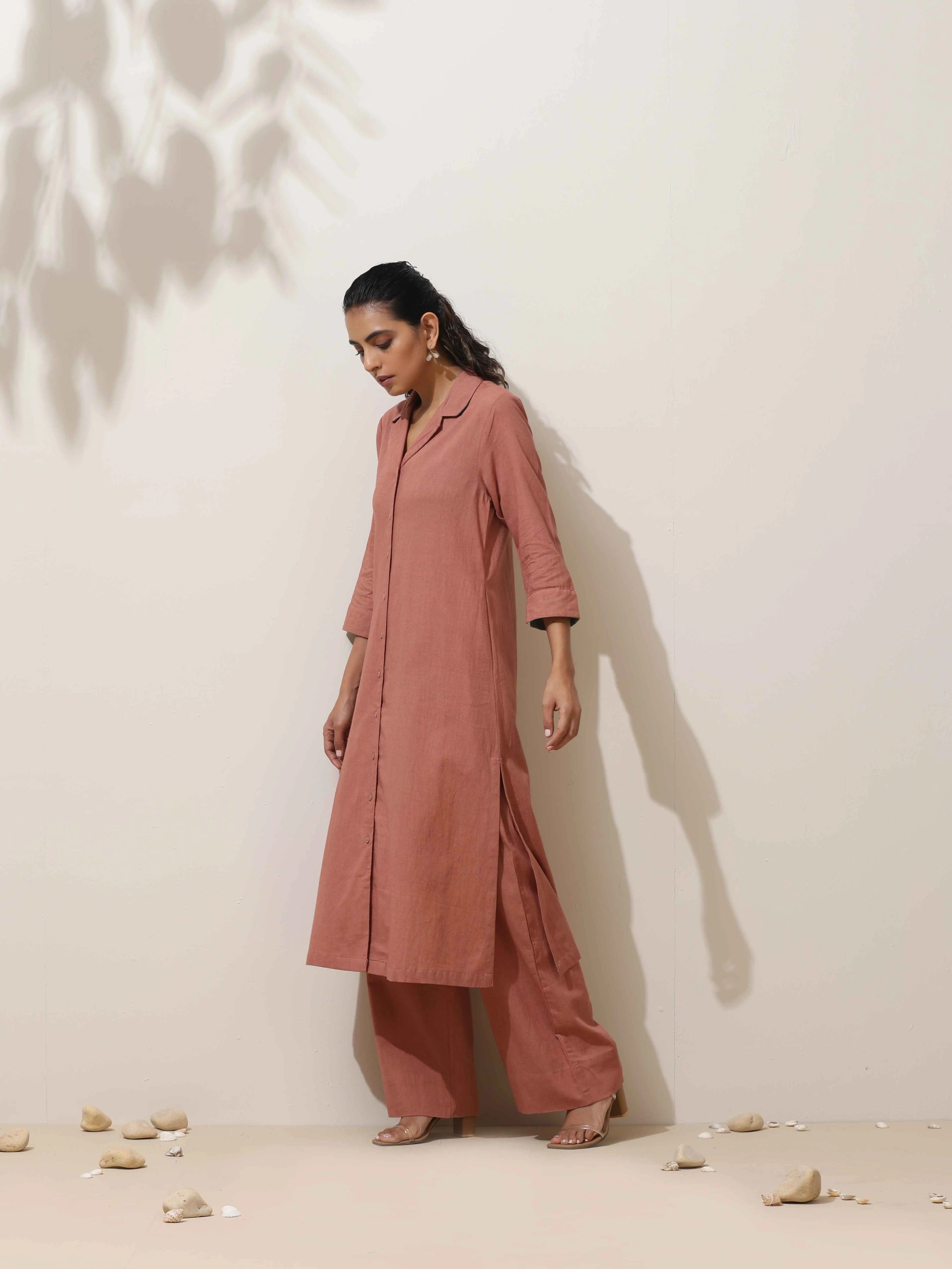 trueBrowns Peach Cotton Linen Kurta Pant Set