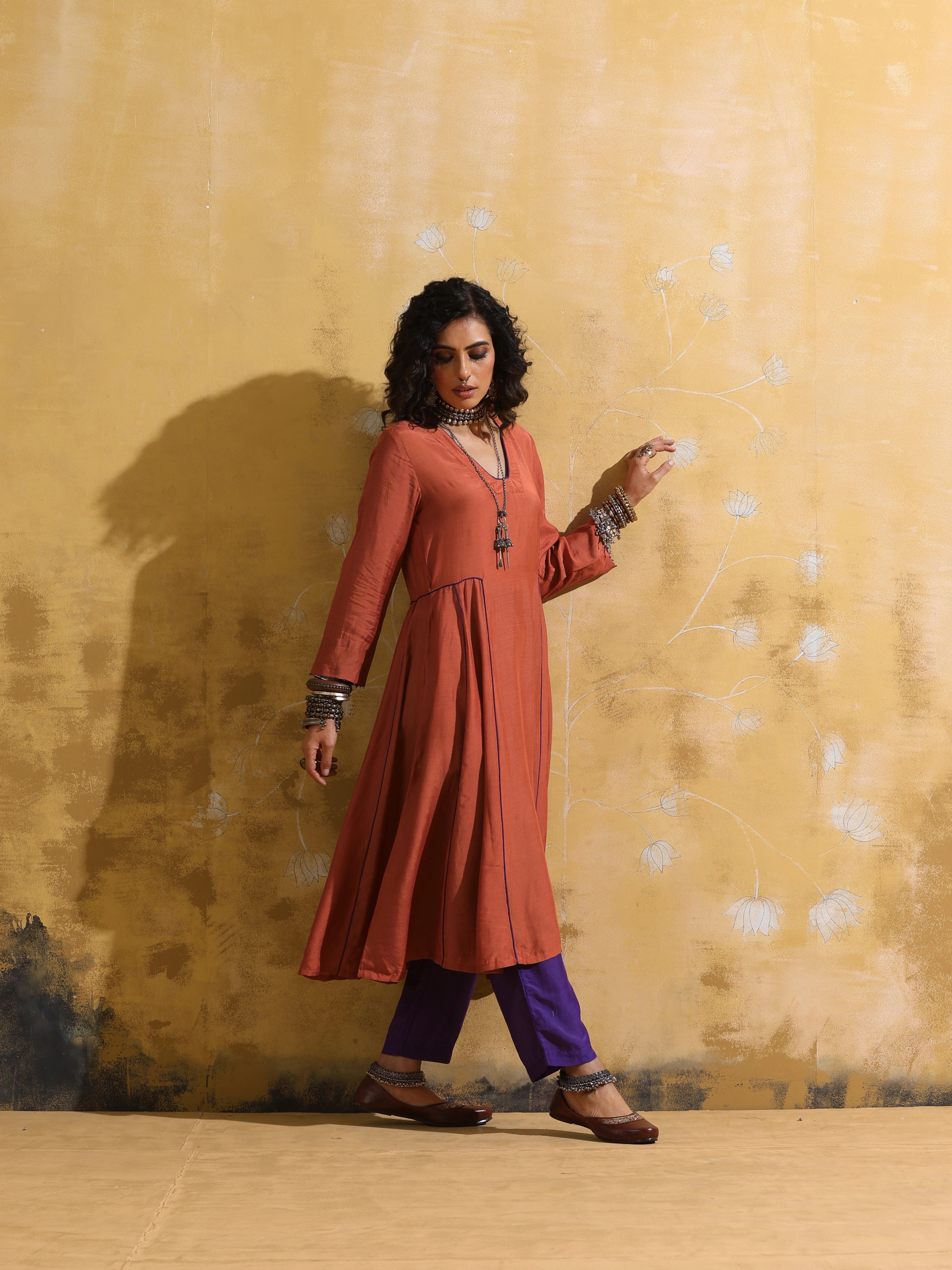 trueBrowns Rust Muslin Silk Fit and Flare Kurta Pant Set