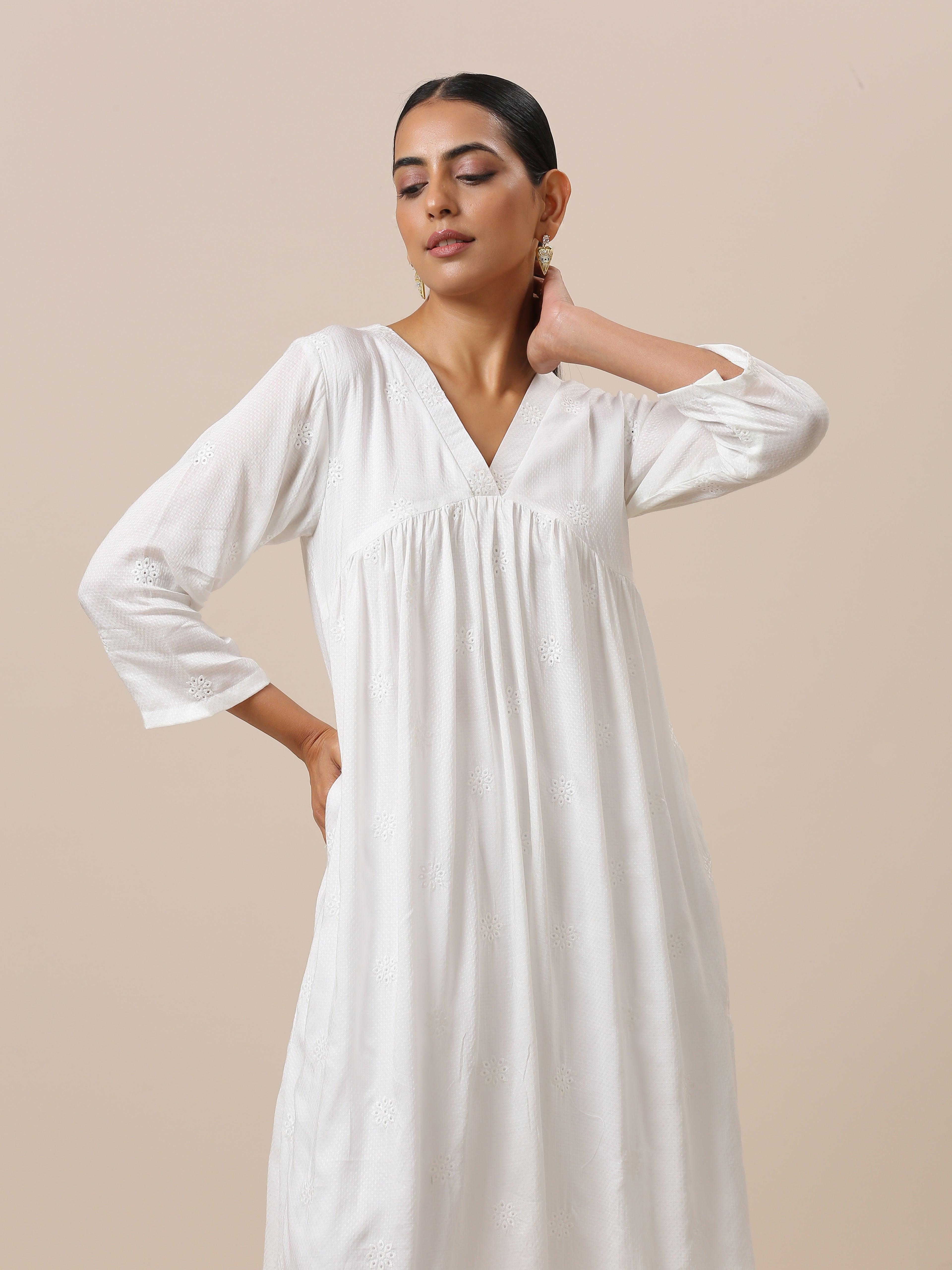 Cotton White Floral Embroidered Kurta Pant Set - trueBrowns