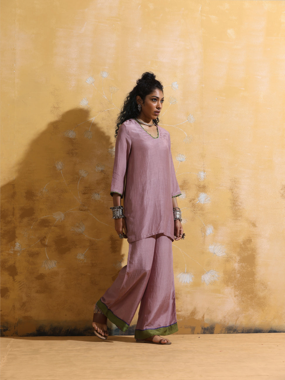 trueBrowns Lilac Muslin Silk Co-ord Set with Flared Pants