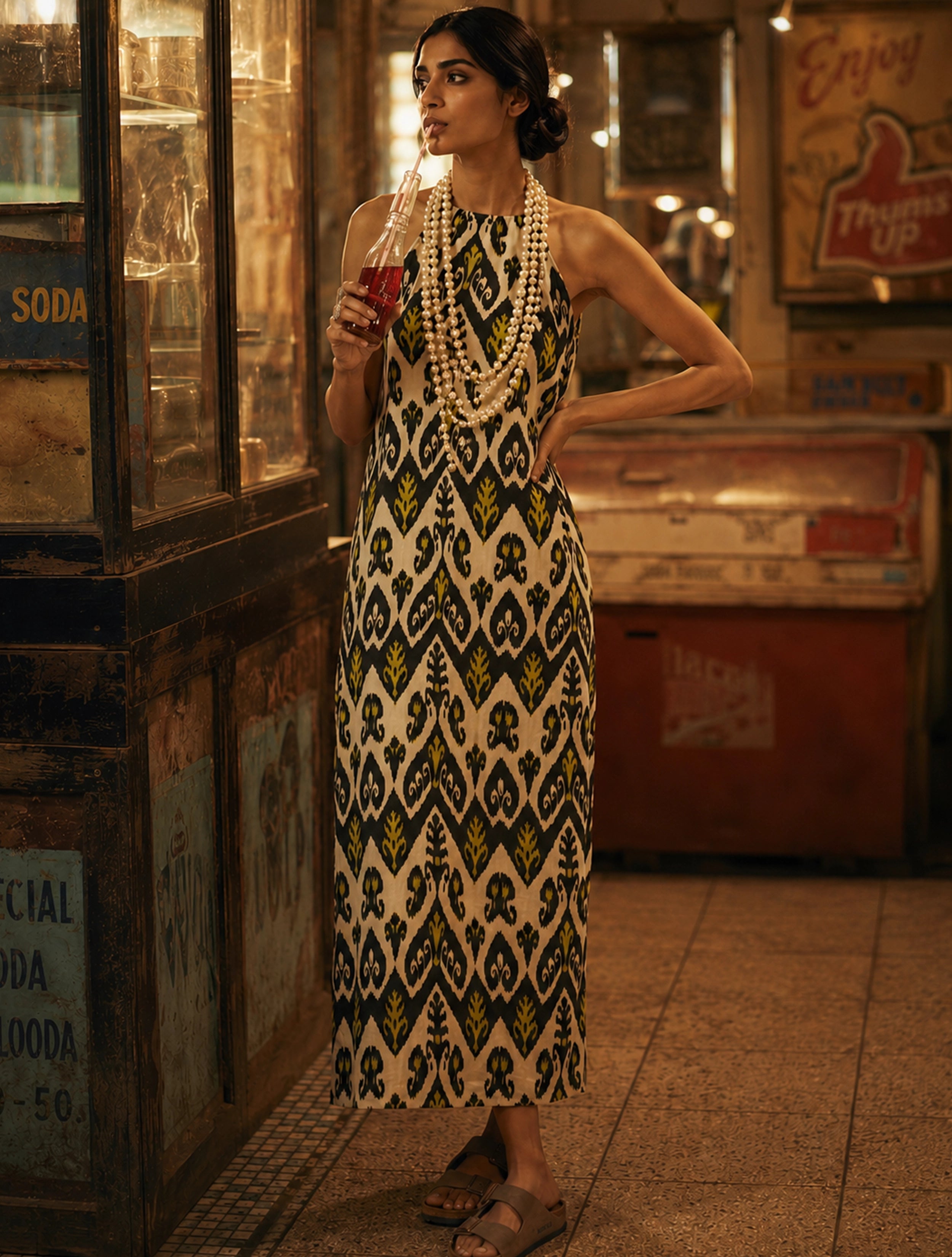 trueBrowns Black White Ikat Print Cotton Mull Long Dress