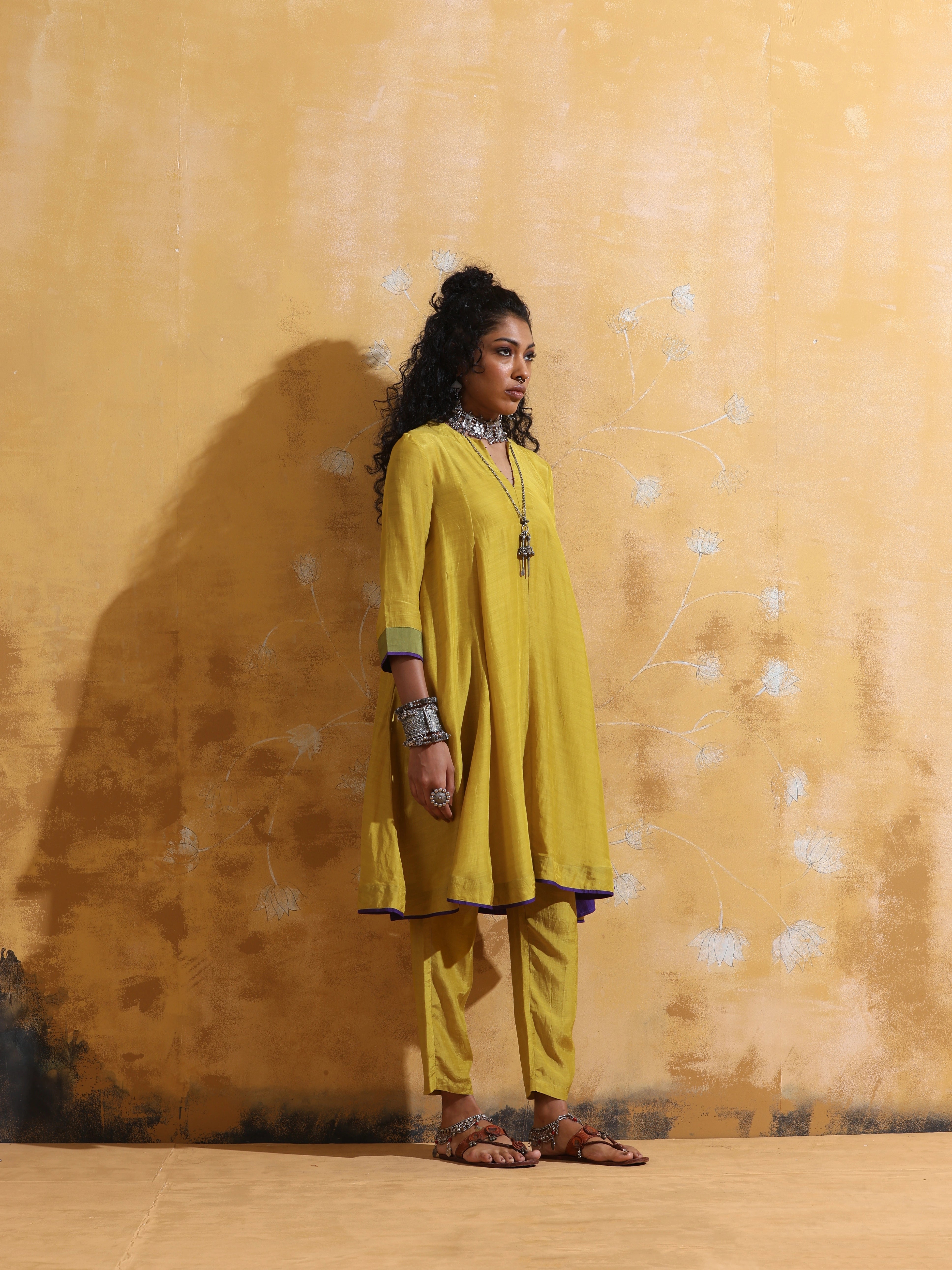 trueBrowns Lime Muslin Silk Flared Kurta Co-ord Set