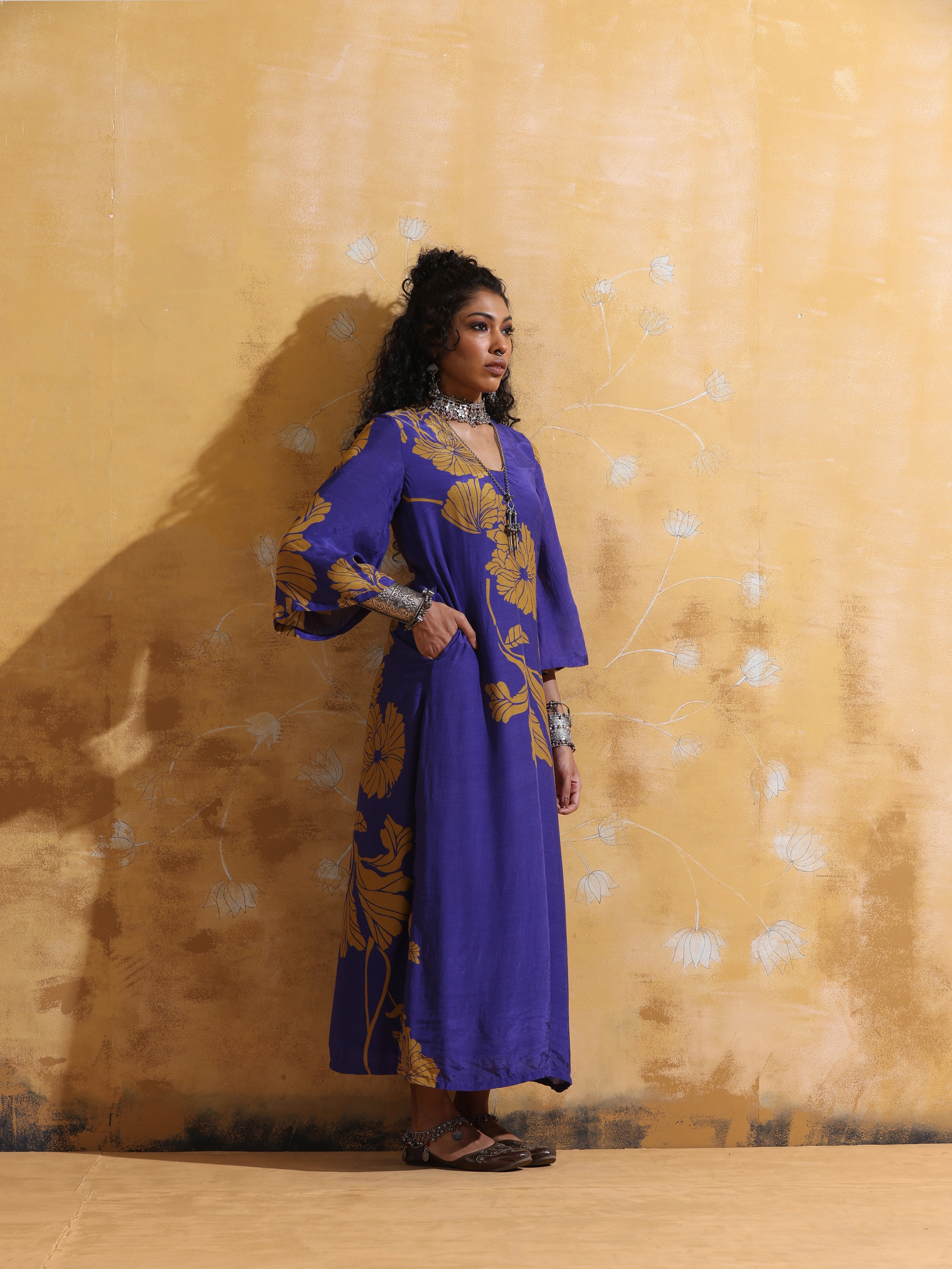 trueBrowns Purple Mustard Floral Print Muslin Silk Straight Maxi Dress