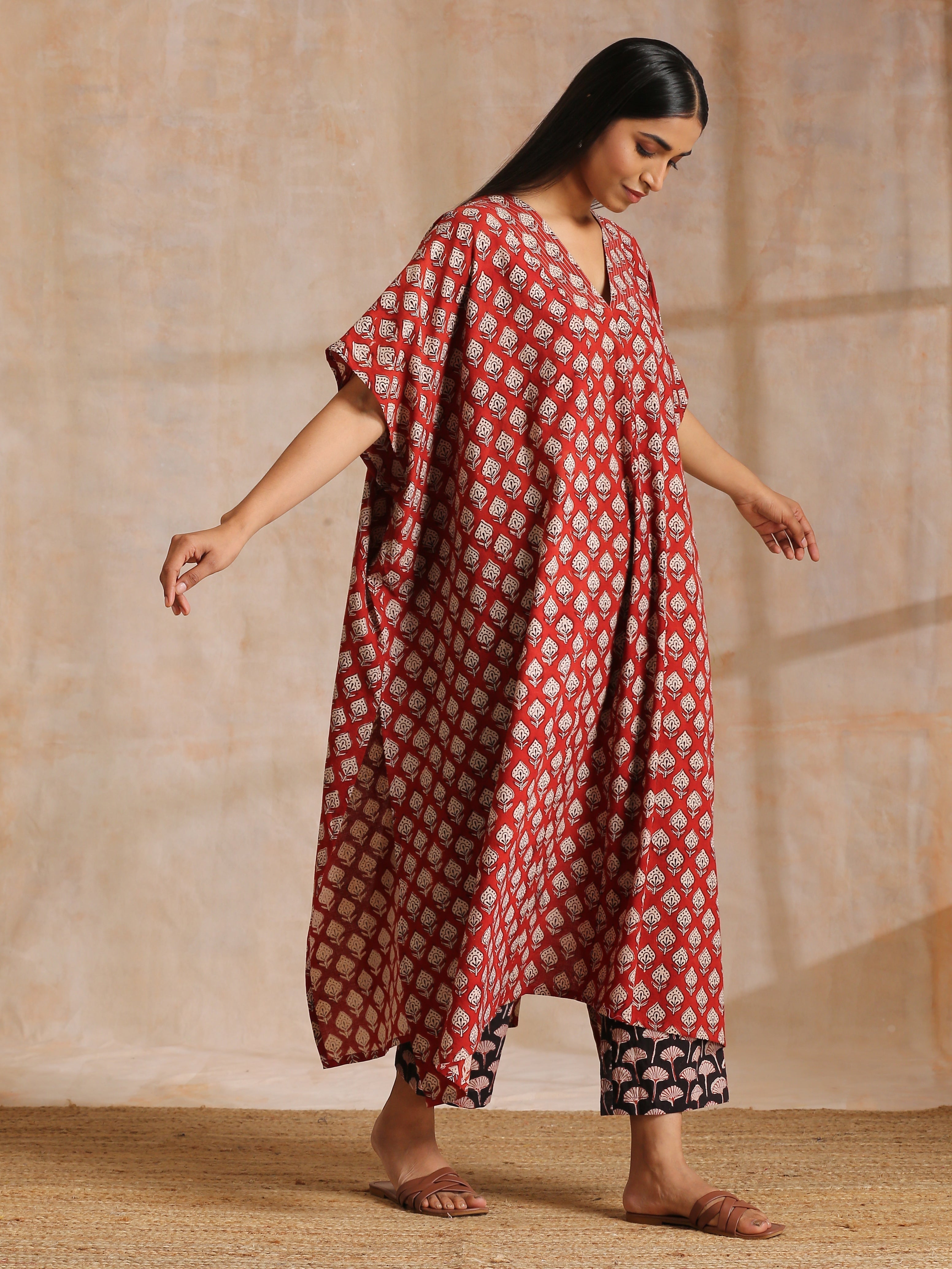Rust Red Bagru Floral Print Cotton Panel Kaftan Kurta Pant Set