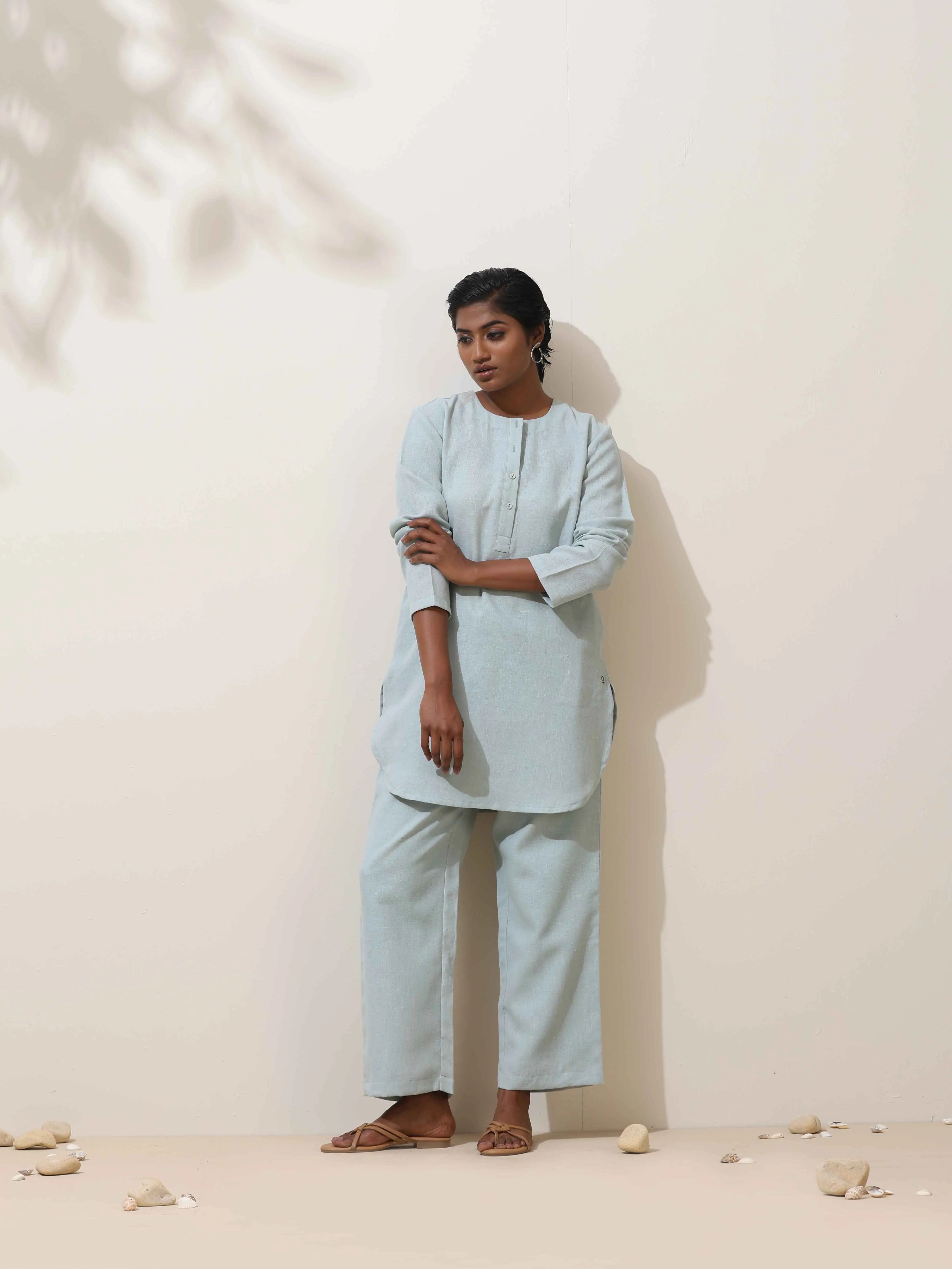 trueBrowns Ciel Blue Crochet Natural Cotton Kurta Co-ord Set