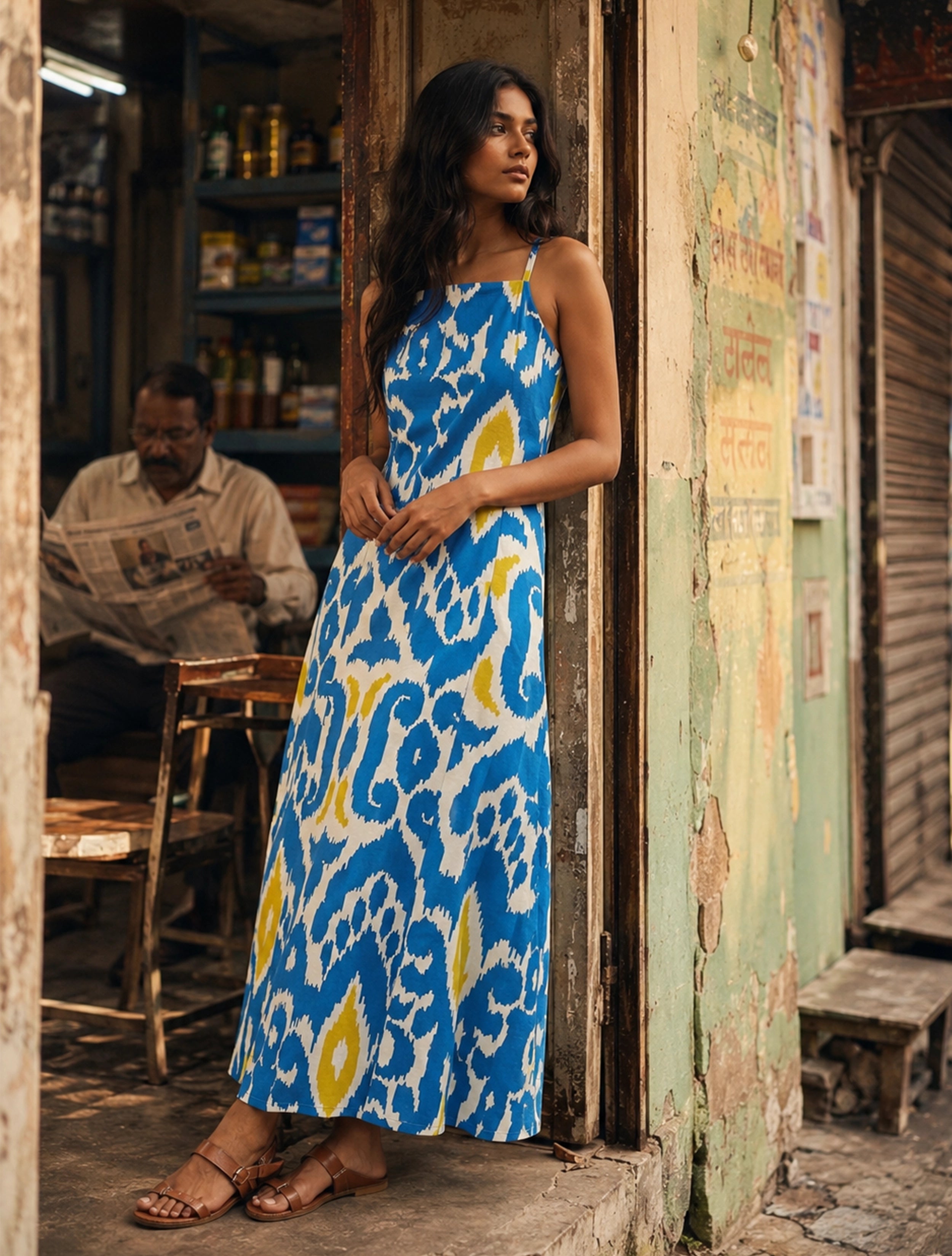 trueBrowns Blue Ikat Print Cotton Strappy Maxi Dress