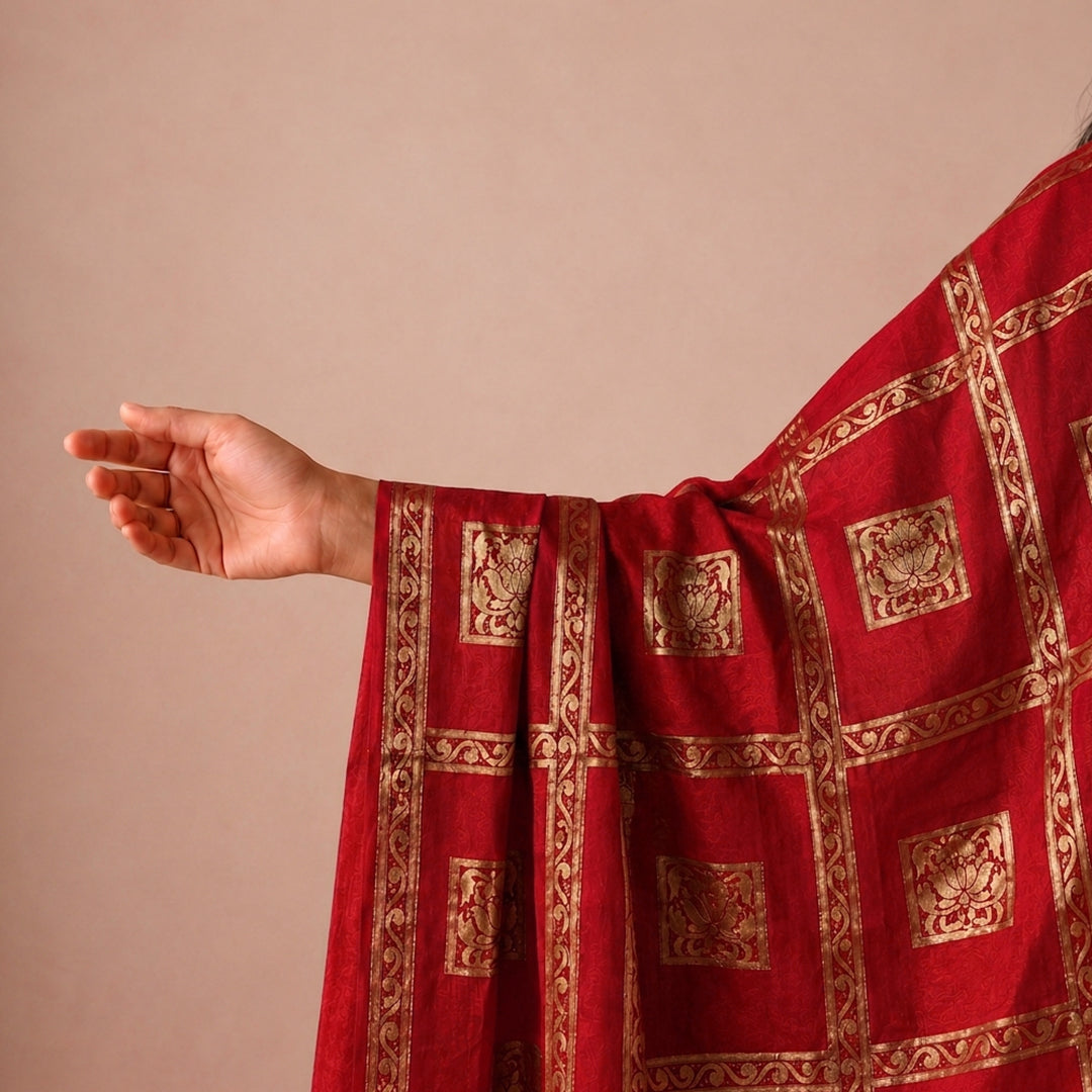 trueBrowns Red Gold Weave Banarasi Dupatta