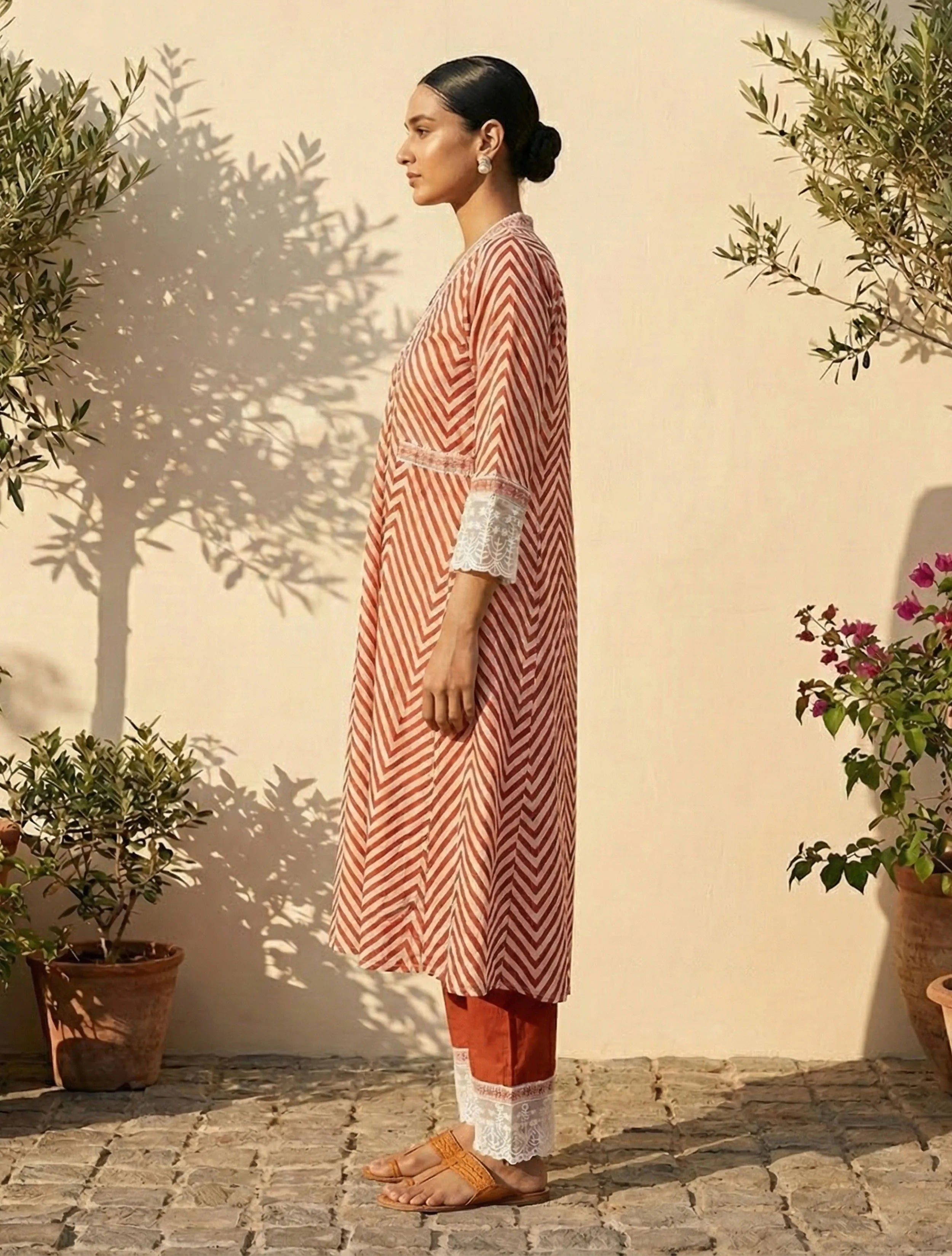 trueBrowns Rust Chevron Print Kurta Pant Dupatta Set