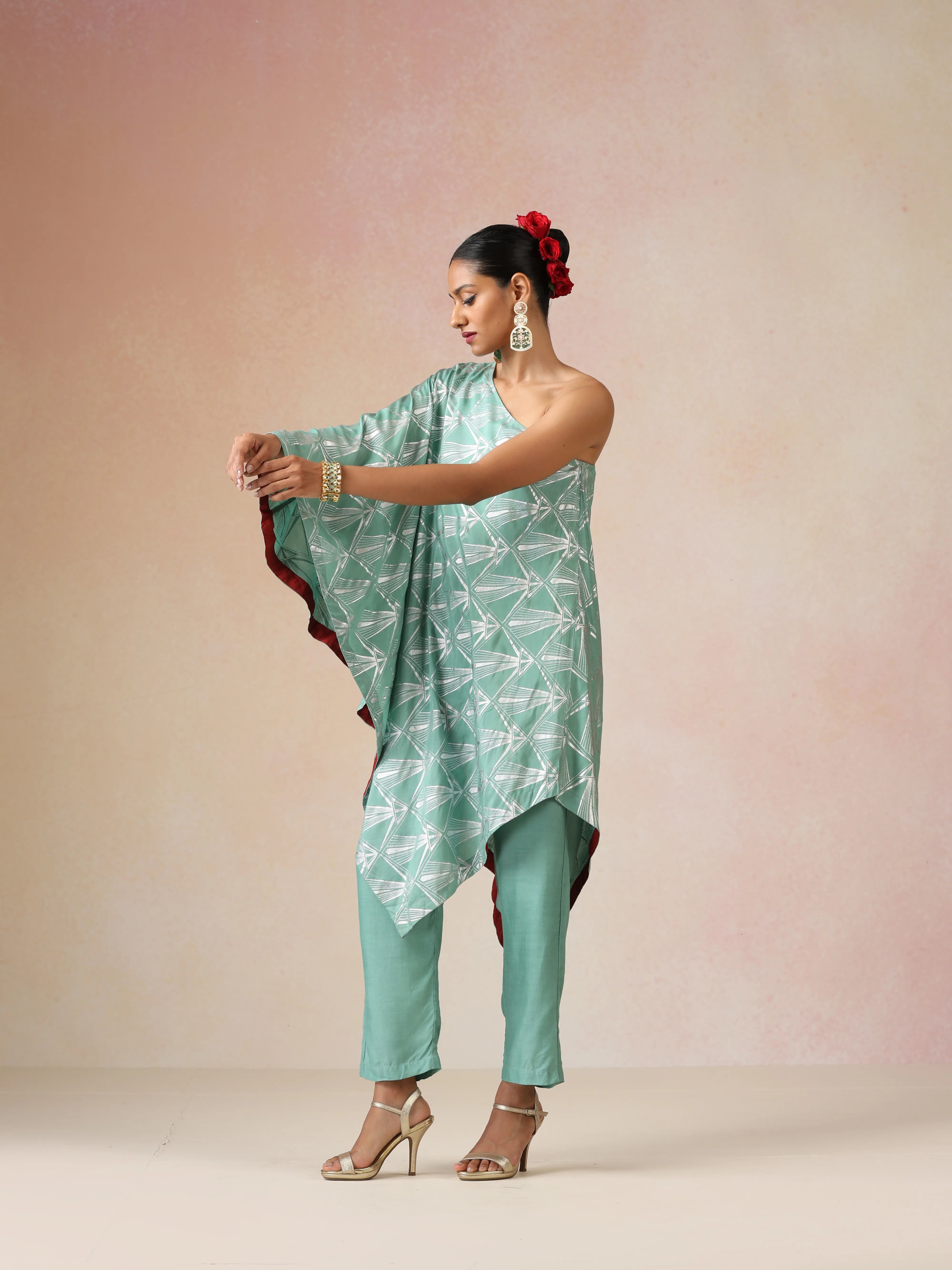 trueBrowns Mint Green Silver Foil Print Muslin Silk Asymmetric One-Shoulder Kurta Co-ord Set