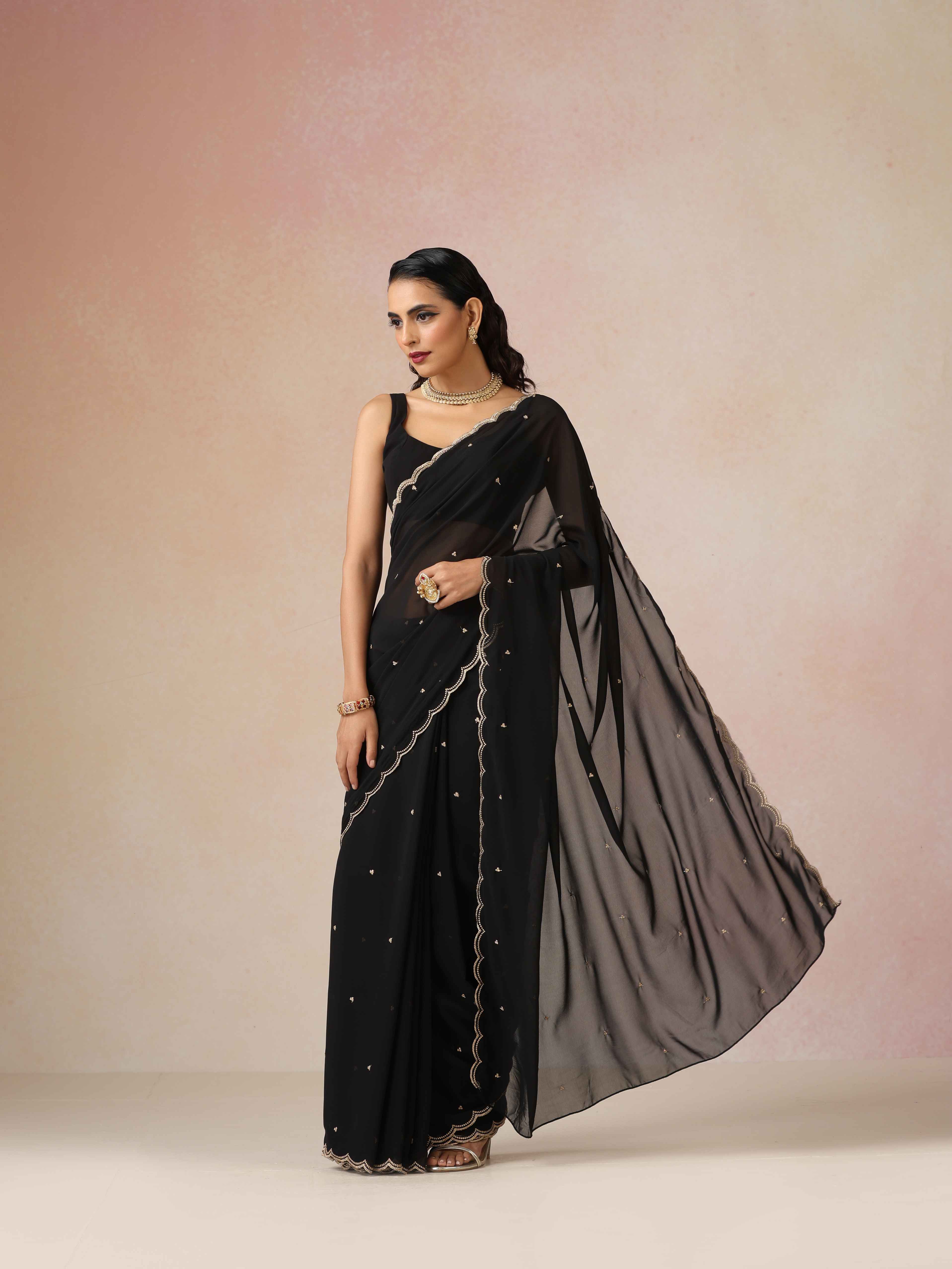 trueBrowns Black Georgette Embroidered Saree With unstitched Blouse