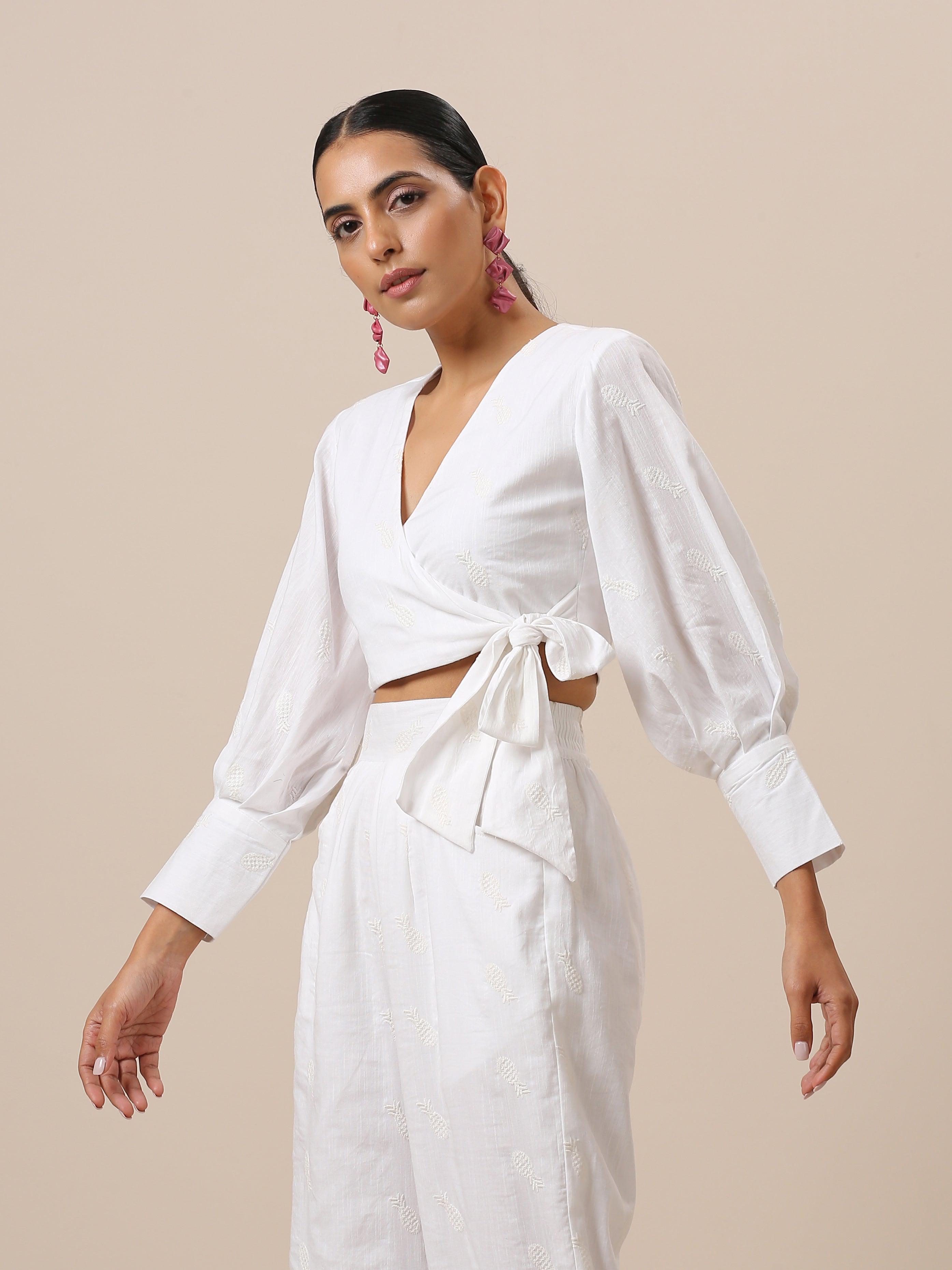 Cotton White Pineapple Embroidered Top - trueBrowns