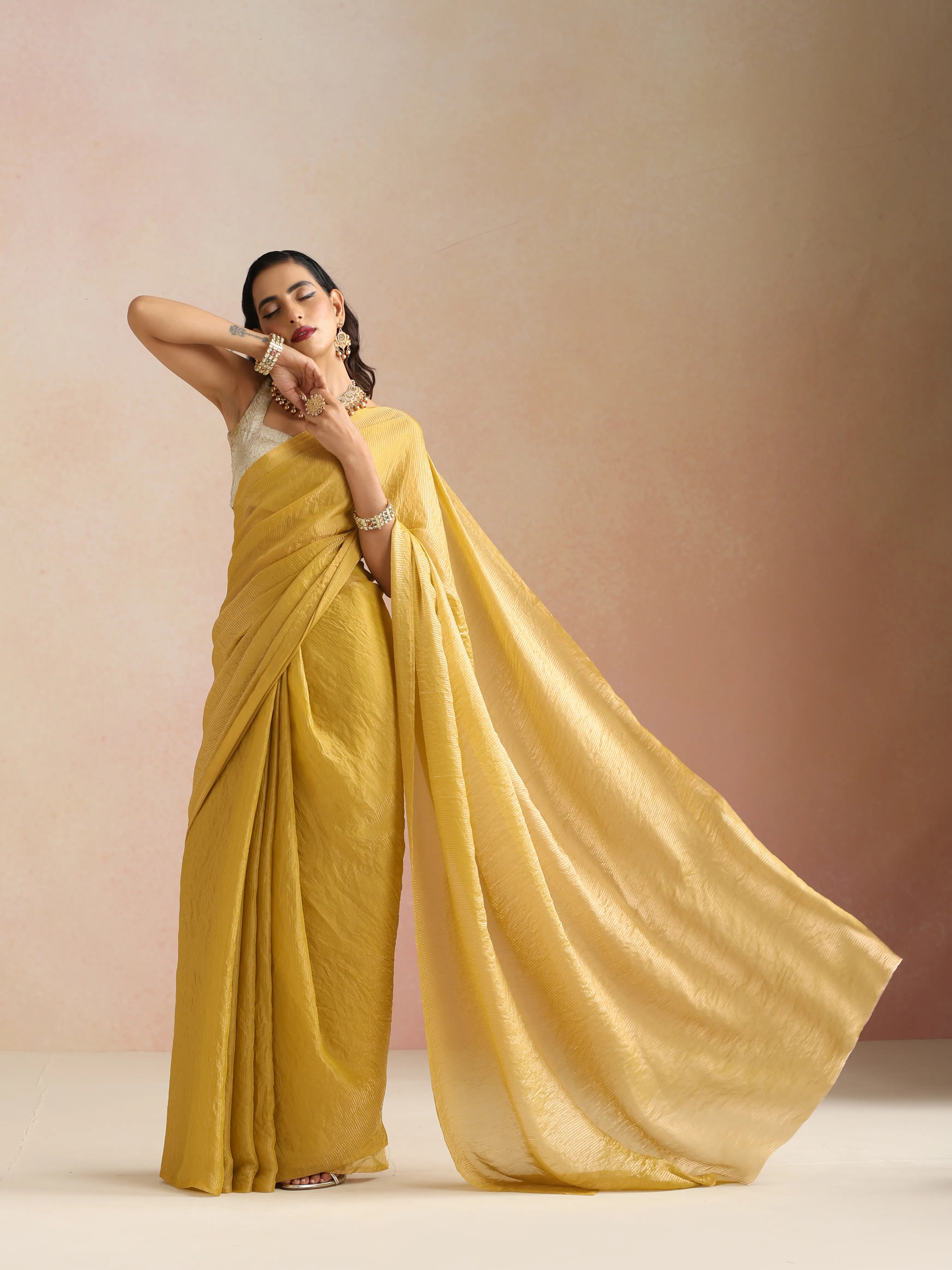 trueBrowns Mustard Tissue Stripe Saree With Unstitched Blouse