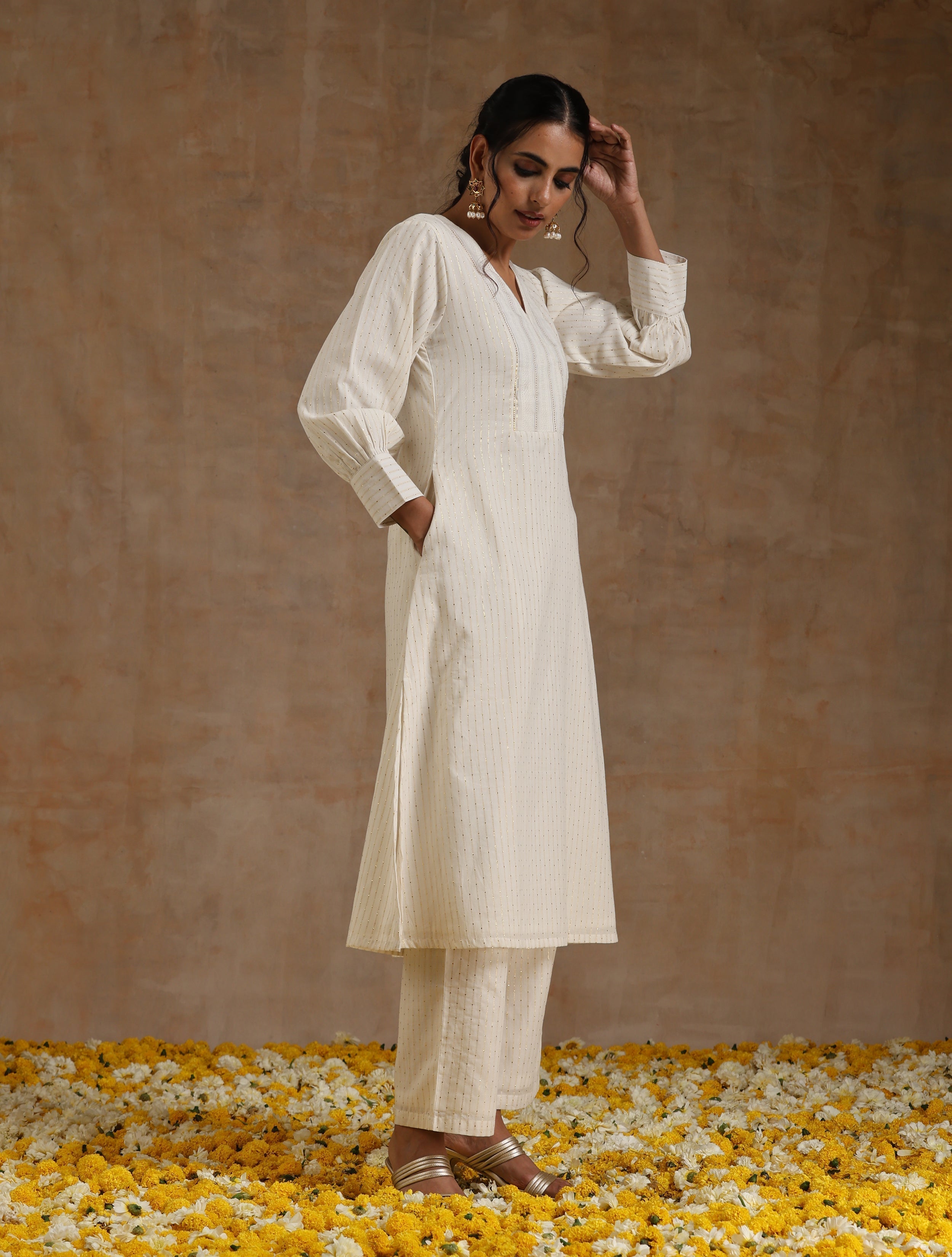 Ivory Gold Cotton Overlap Yoke Kurta Set