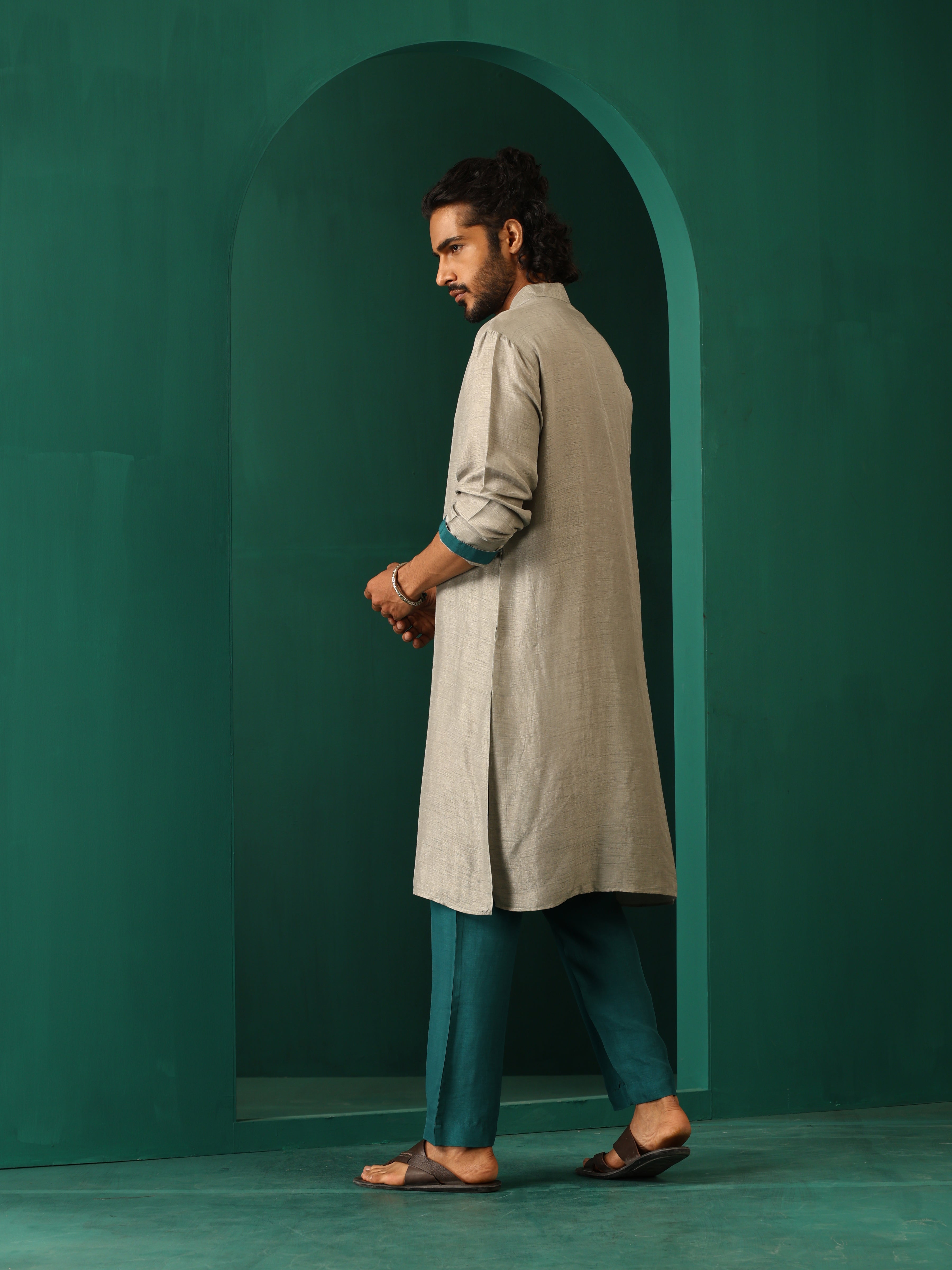 trueBrowns Men Grey Silk Long Kurta