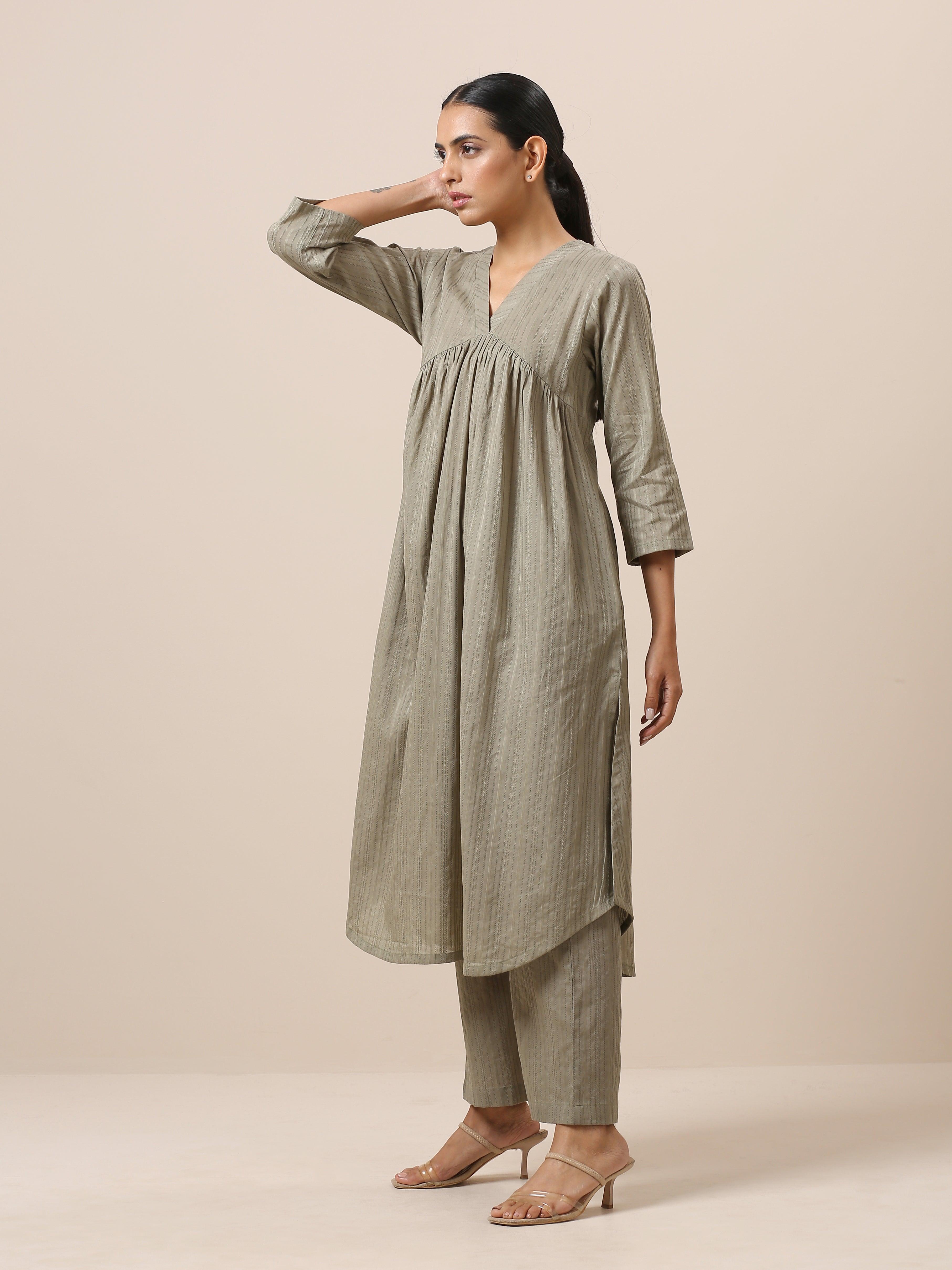 Cotton Olive Green Flared Slit Kurta Pant Set - trueBrowns