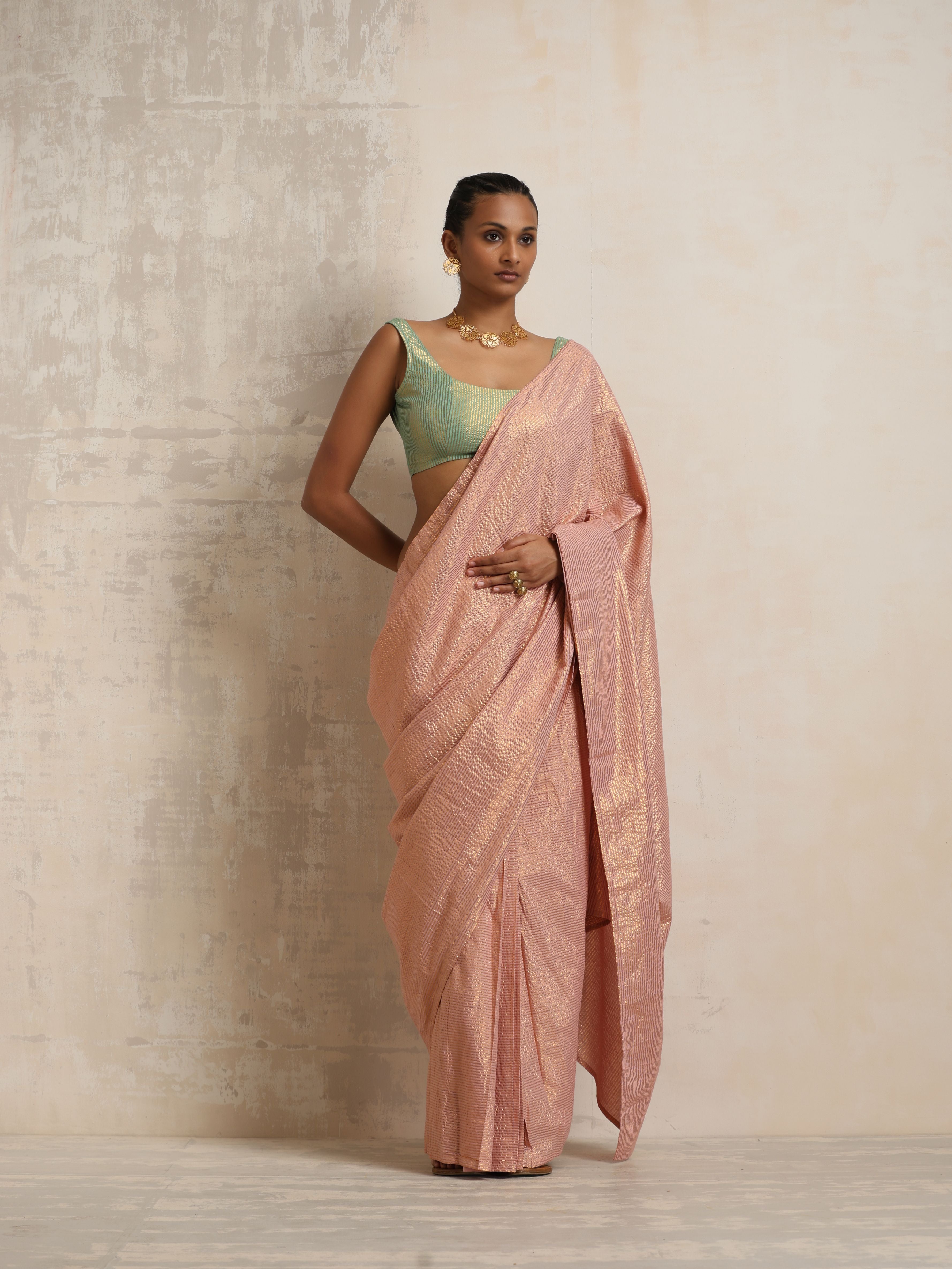 trueBrowns Pink Gold Lurex Saree