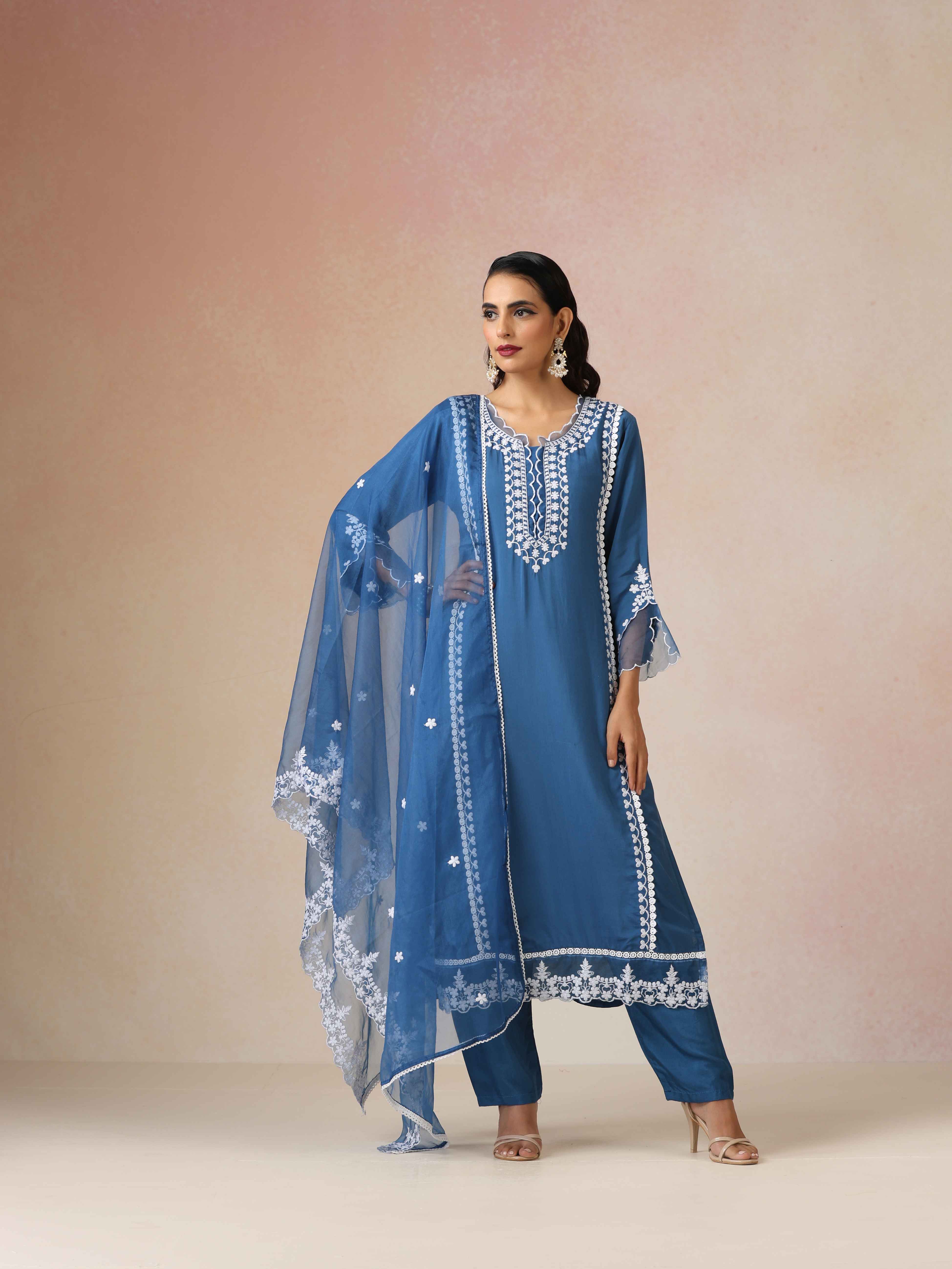 trueBrowns Blue Embroidered Round Neck Straight Kurta 3pc Set