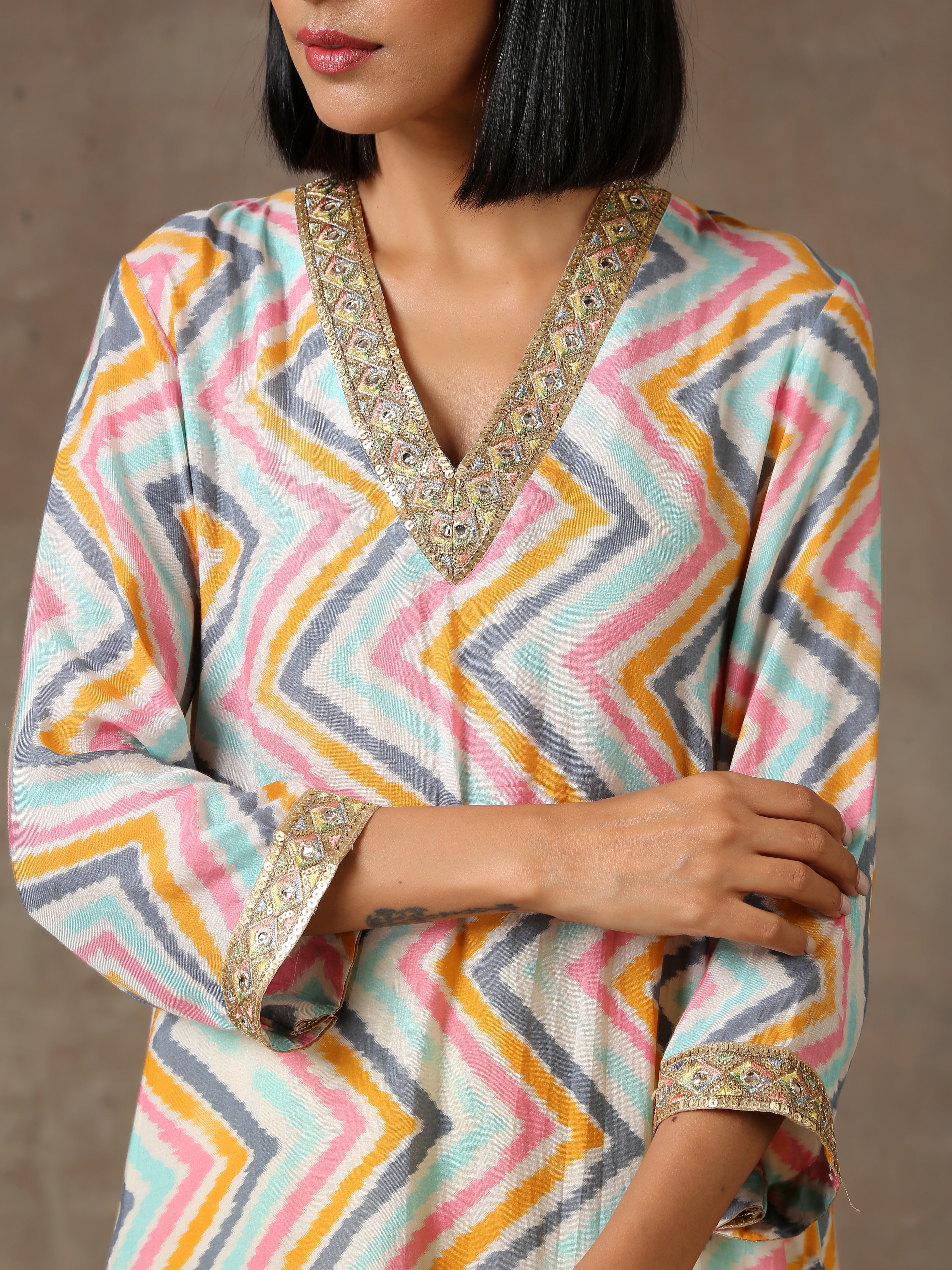 Multicolour Lehariya Printed Silk Kurta Pant Set