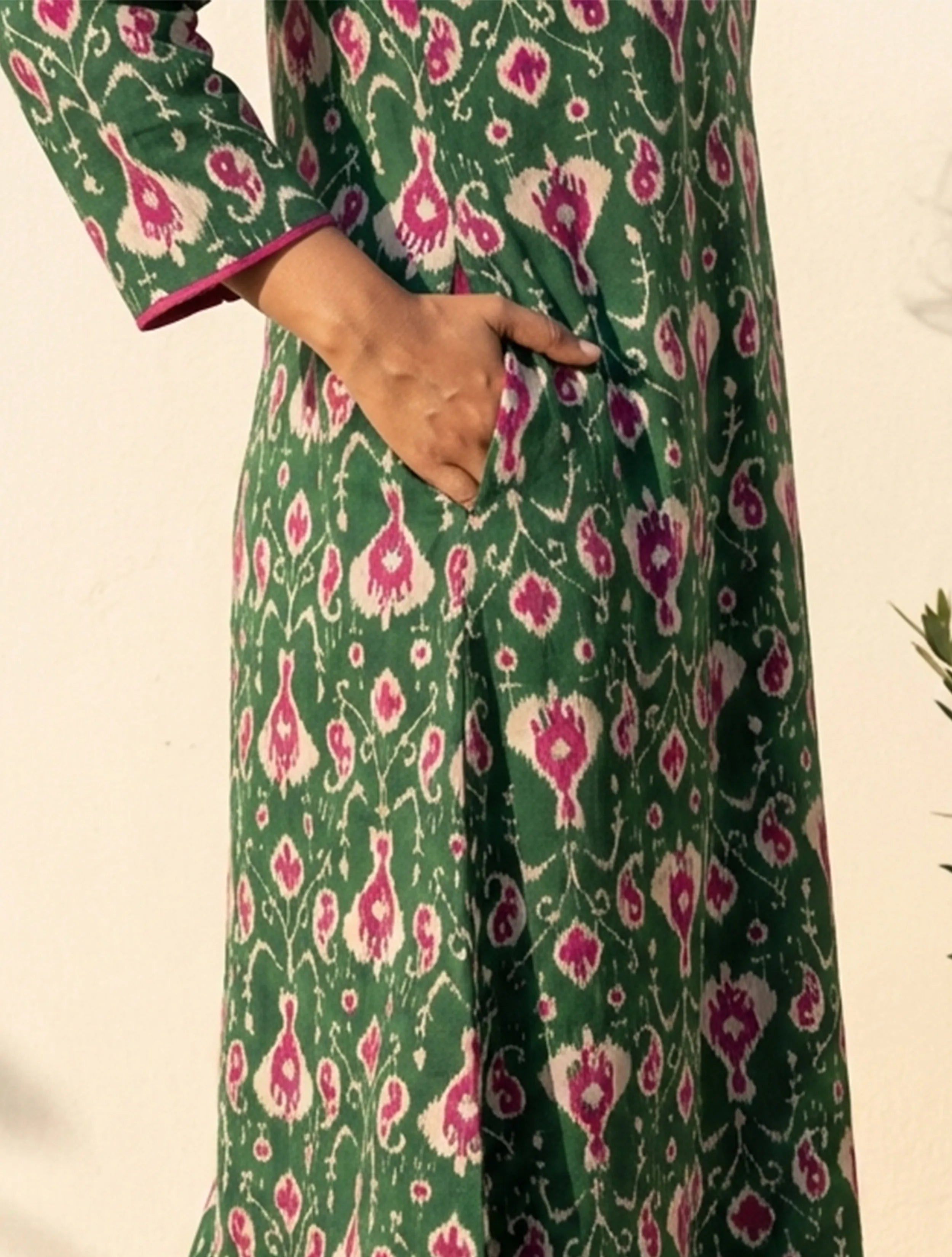 trueBrowns Green Pink Ikat Print Cotton A-Line Kurta Set