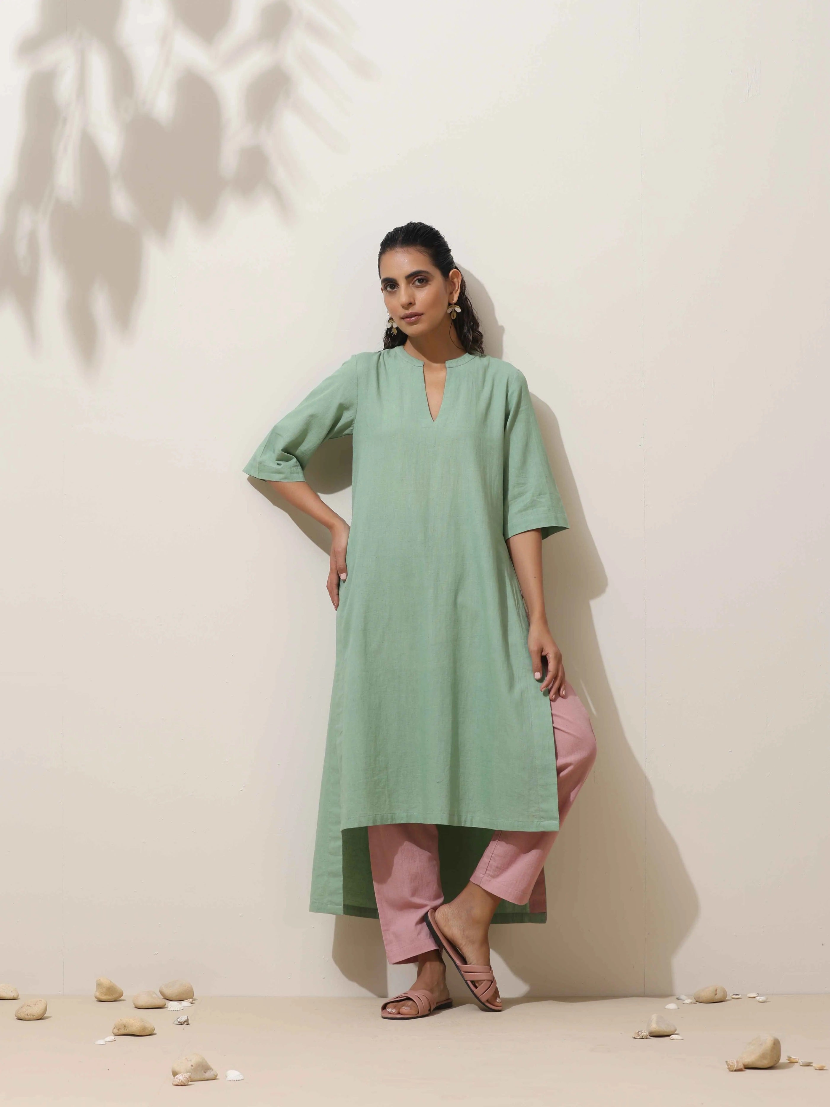 trueBrowns Mint Green Cotton Linen Kurta Pant Set