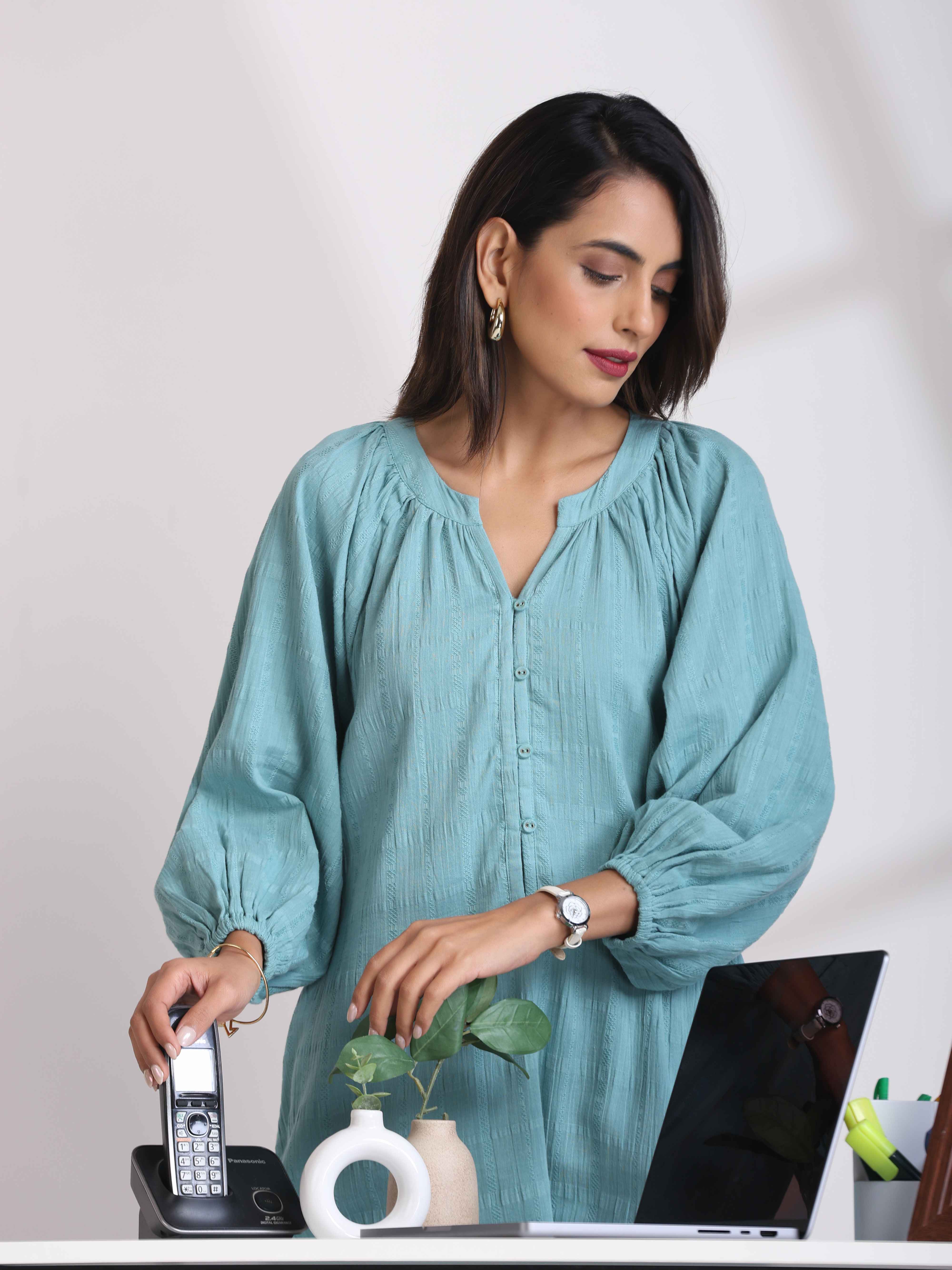 trueBrowns Aqua Blue Cotton Dobby Dress