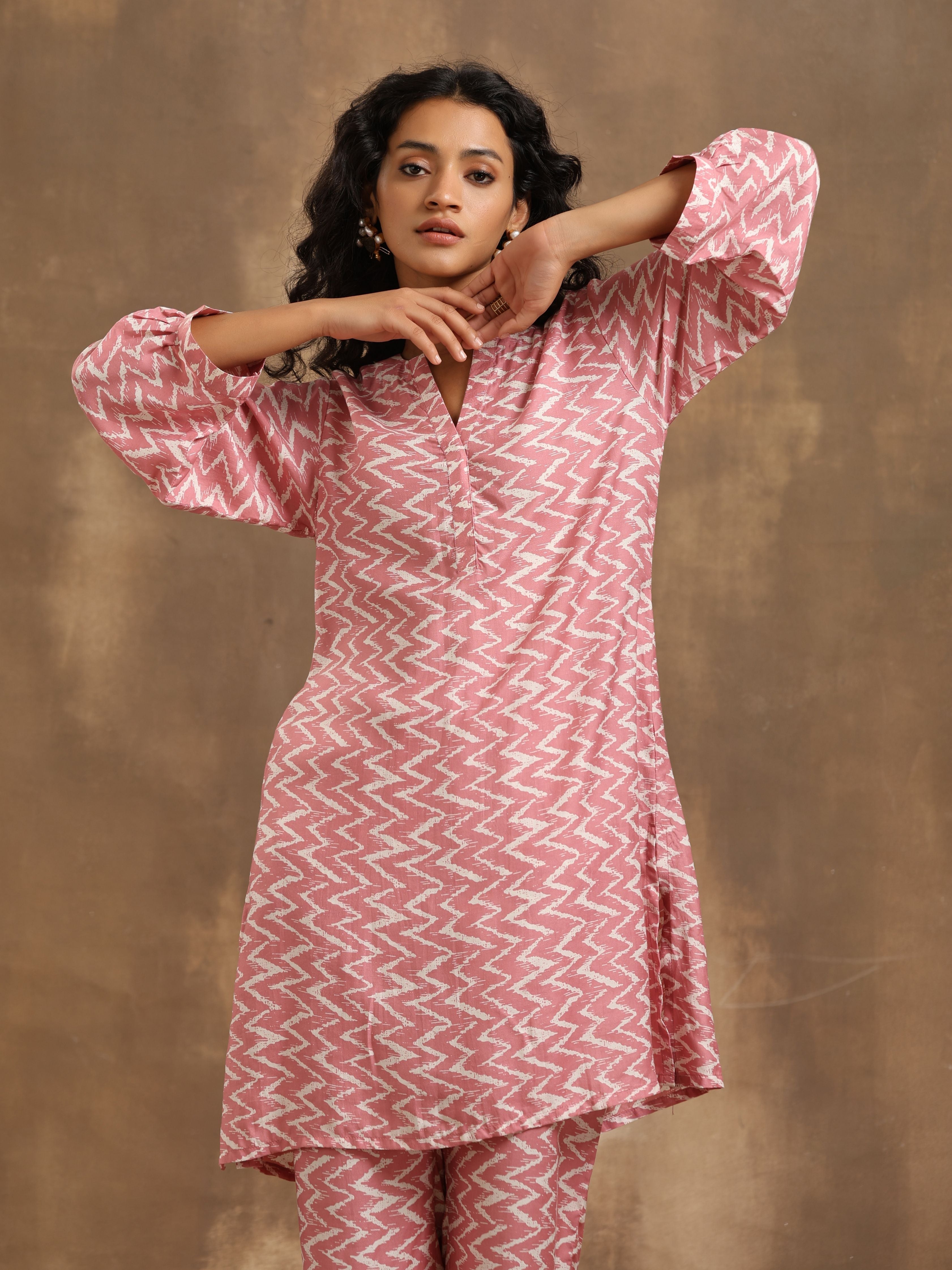 Light Mauve Zig-Zag Printed Silk Co-Ord Set
