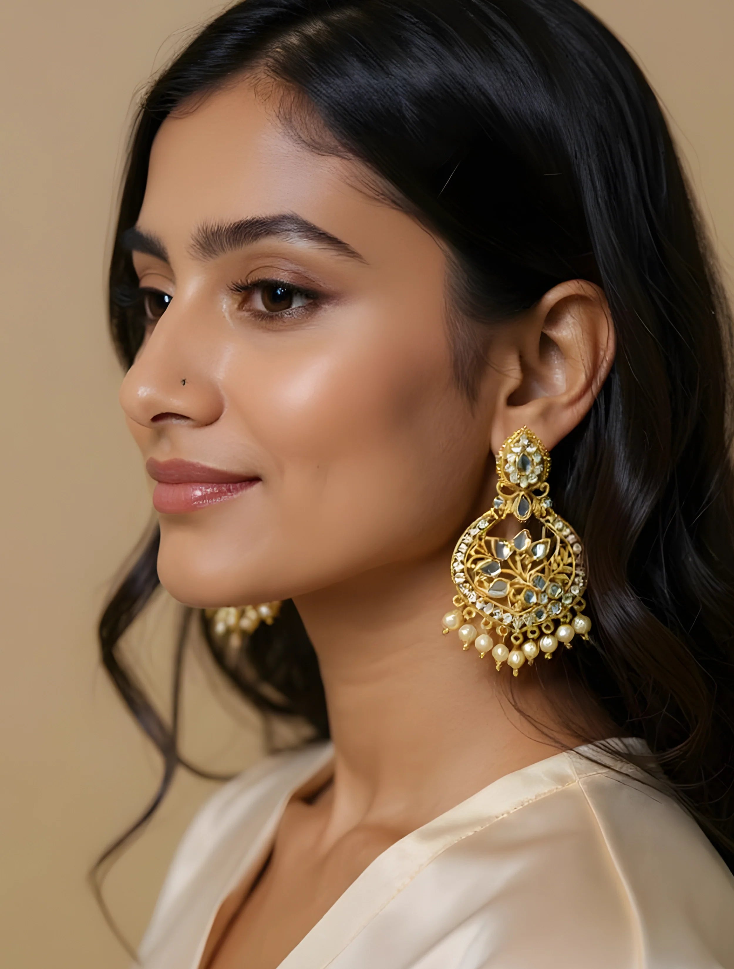 š trueBrowns Mirror And Pearl Chandbali Earrings - Freesize