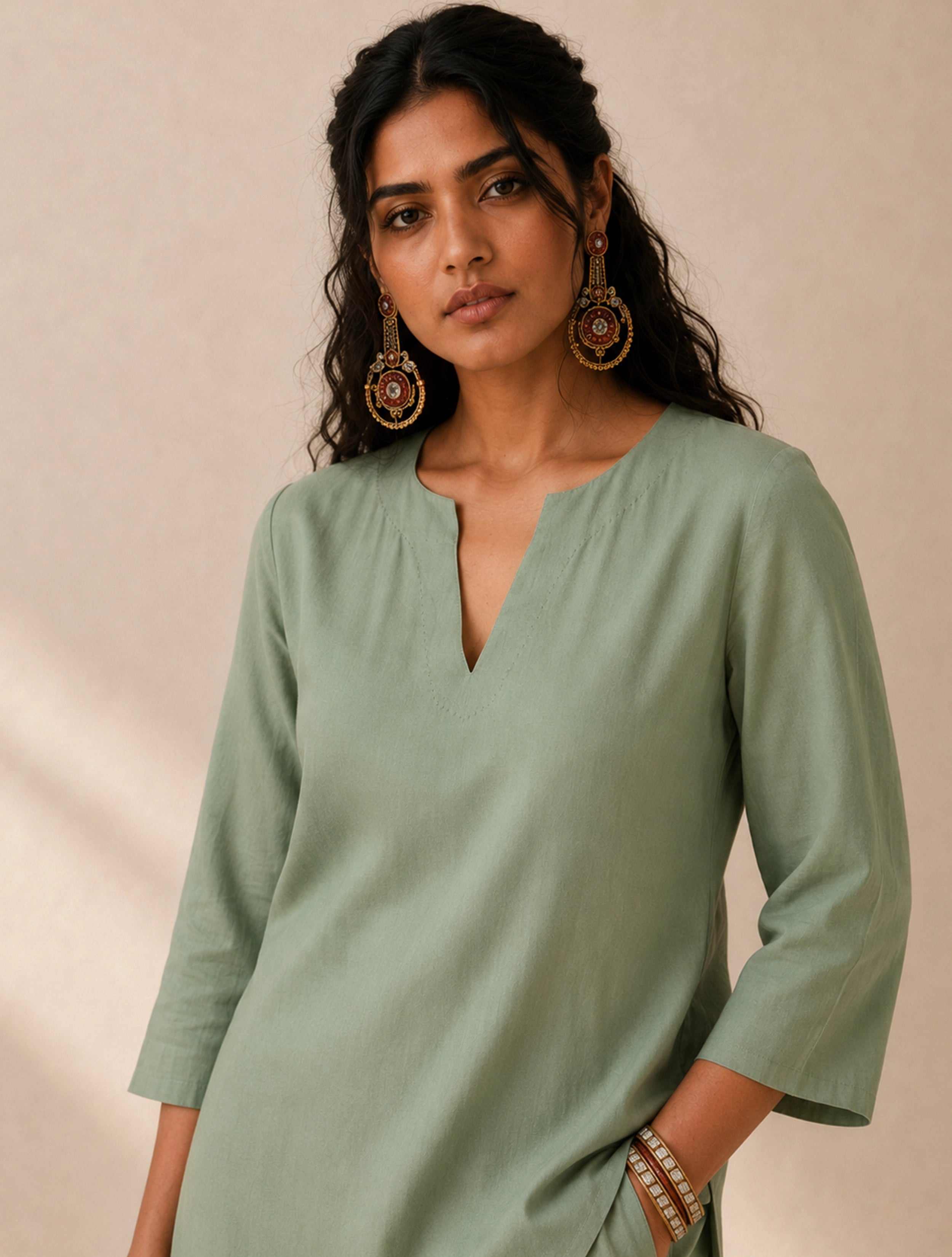 trueBrowns Green Solid Viscose Kurta Co-Ord Set