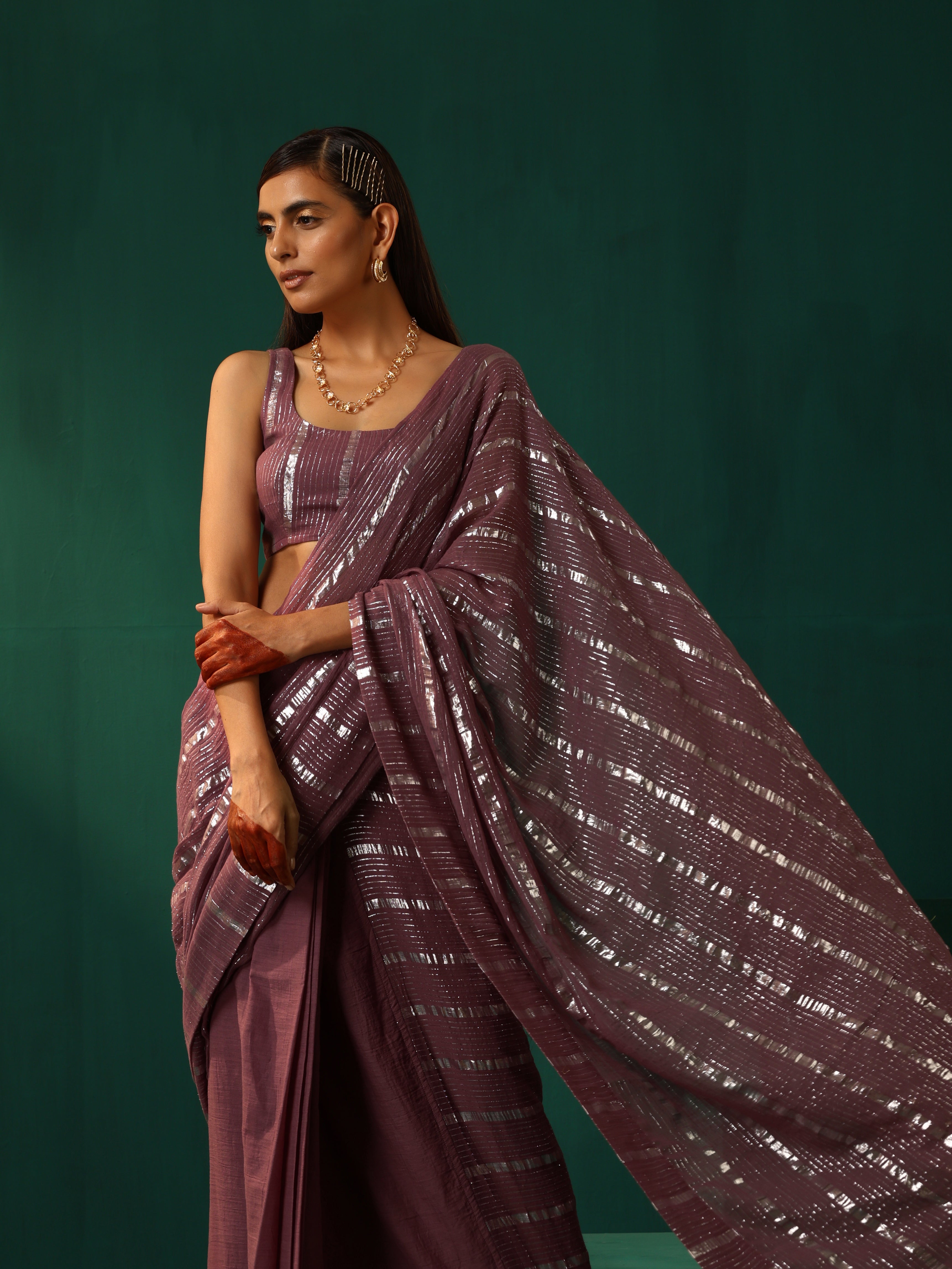 trueBrowns Mauve Cotton Silver Striped Ready to Wear Saree