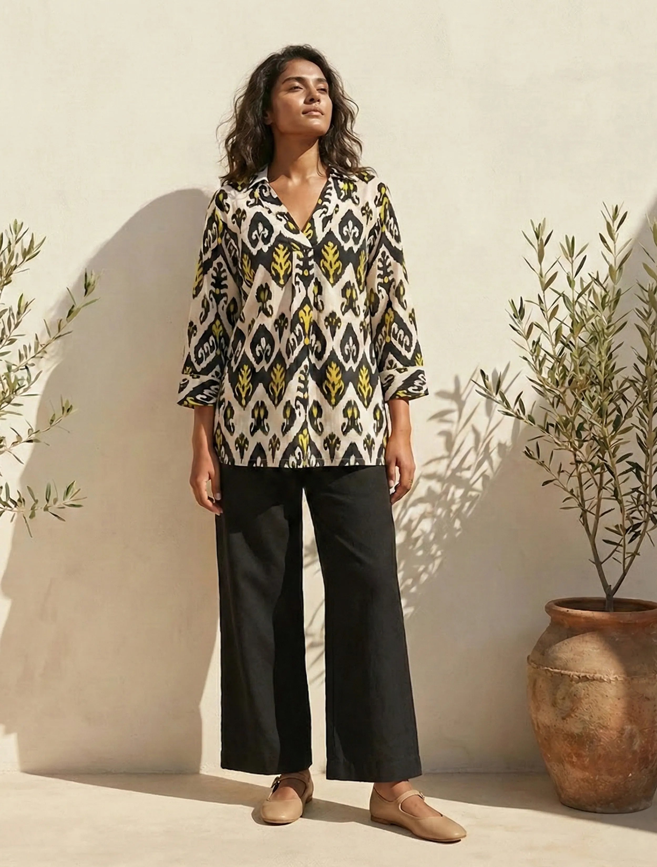 trueBrowns Black White Ikat Print Cotton Co-Ord Set