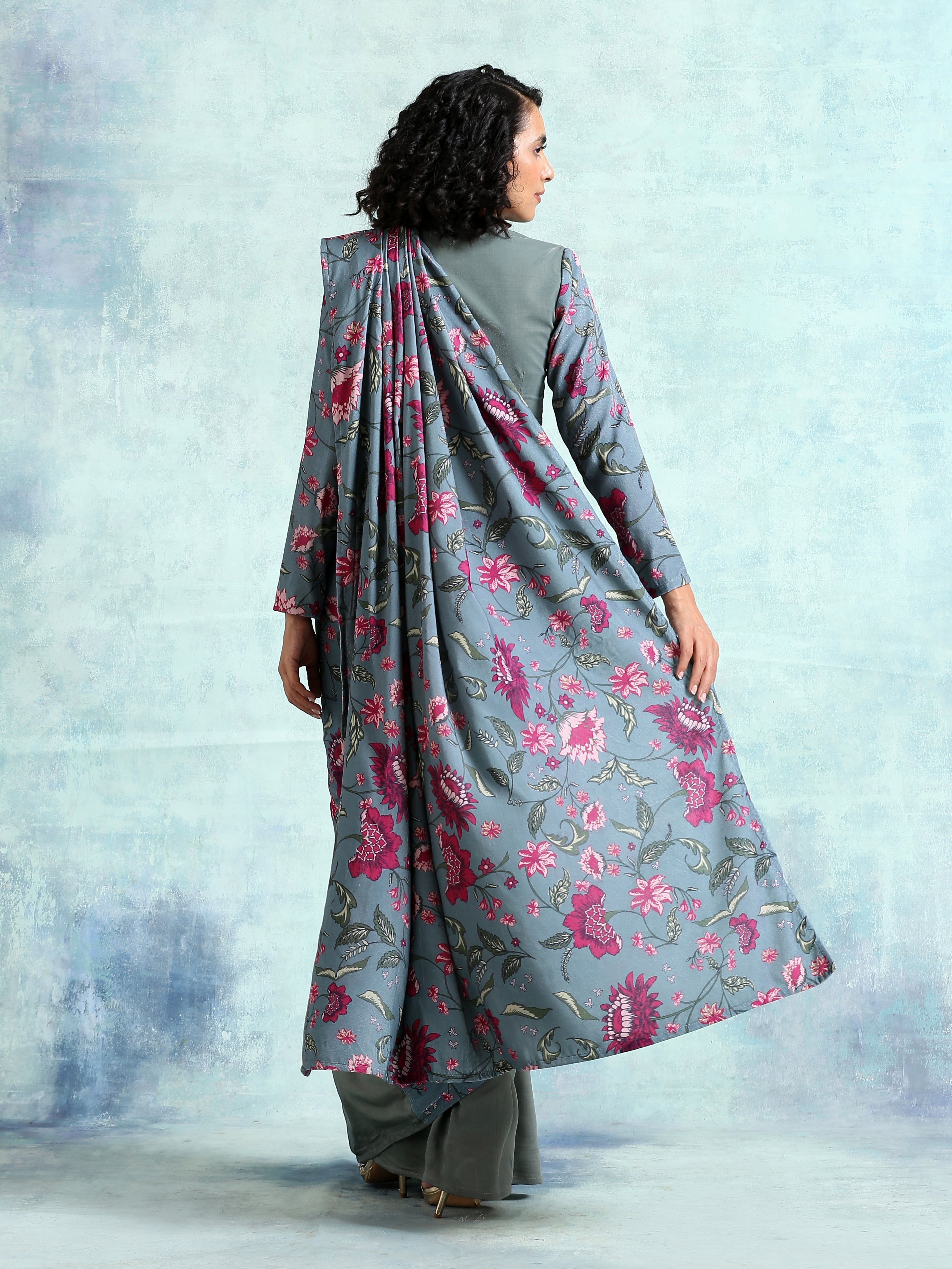 Grey Printed Velvet Ready To Wear Saree