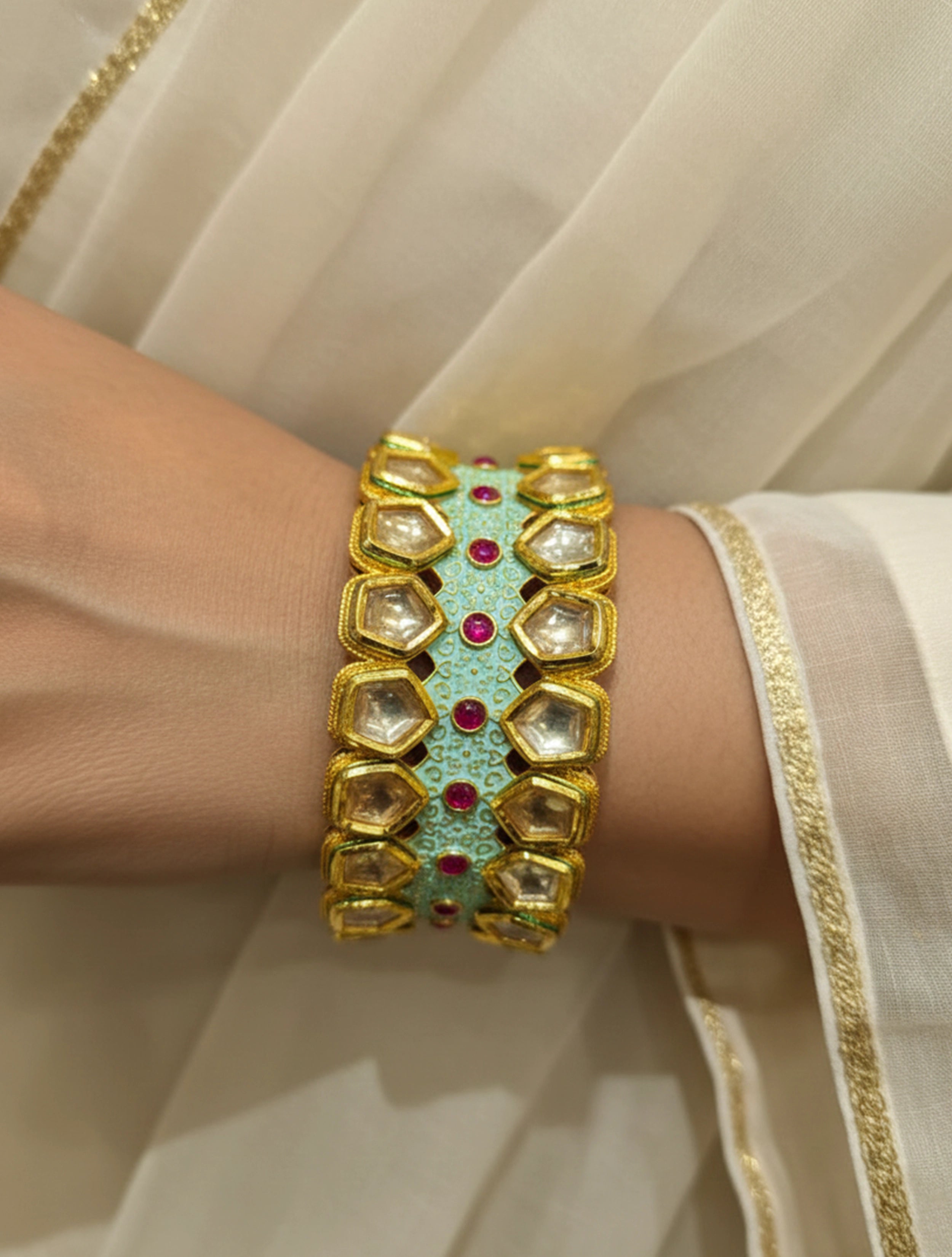 trueBrowns Mint Green Kundan Cuff