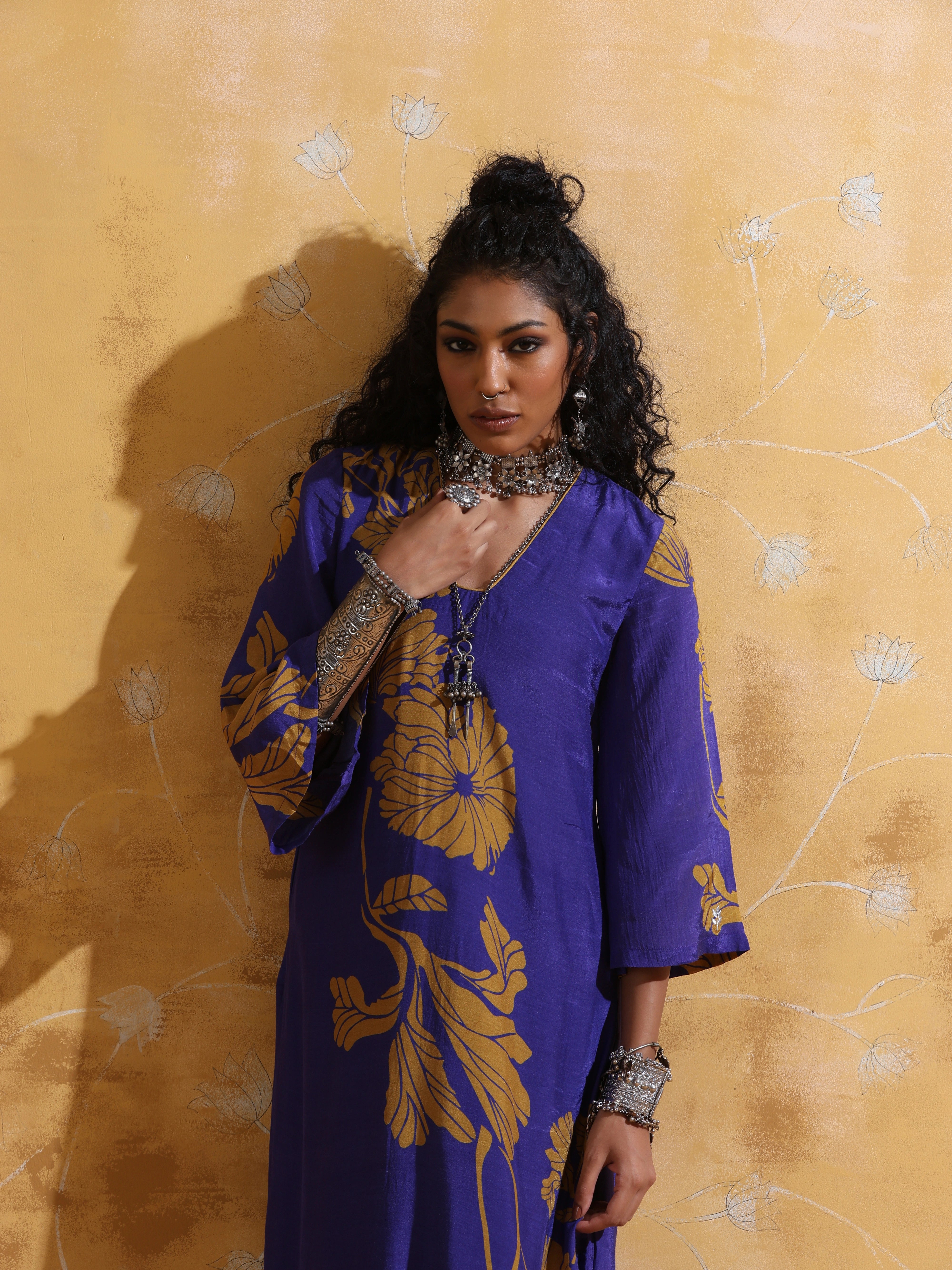 trueBrowns Purple Mustard Floral Print Muslin Silk Straight Maxi Dress