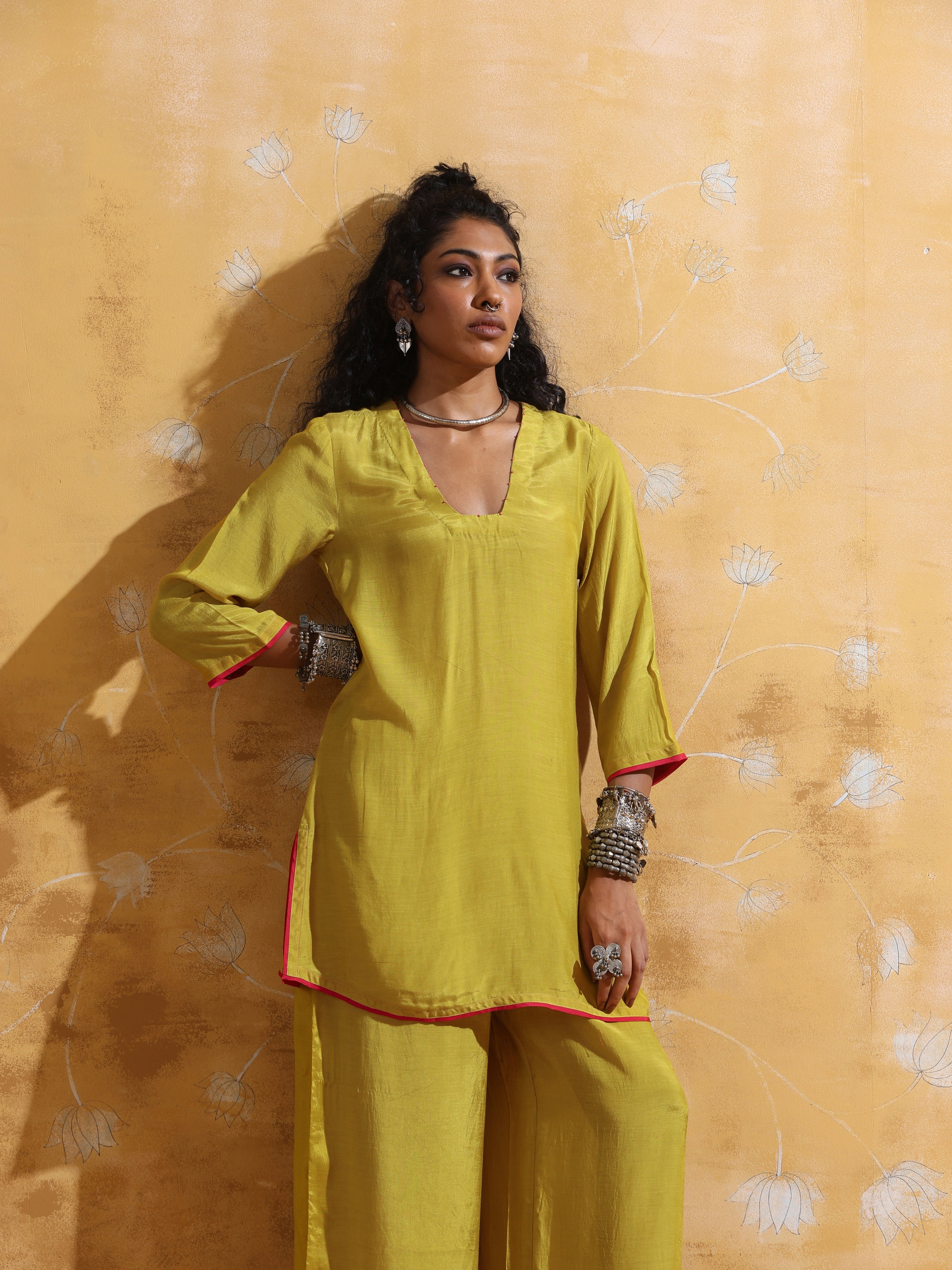 trueBrowns Lime Muslin Silk Co-ord Set with Flared Pants