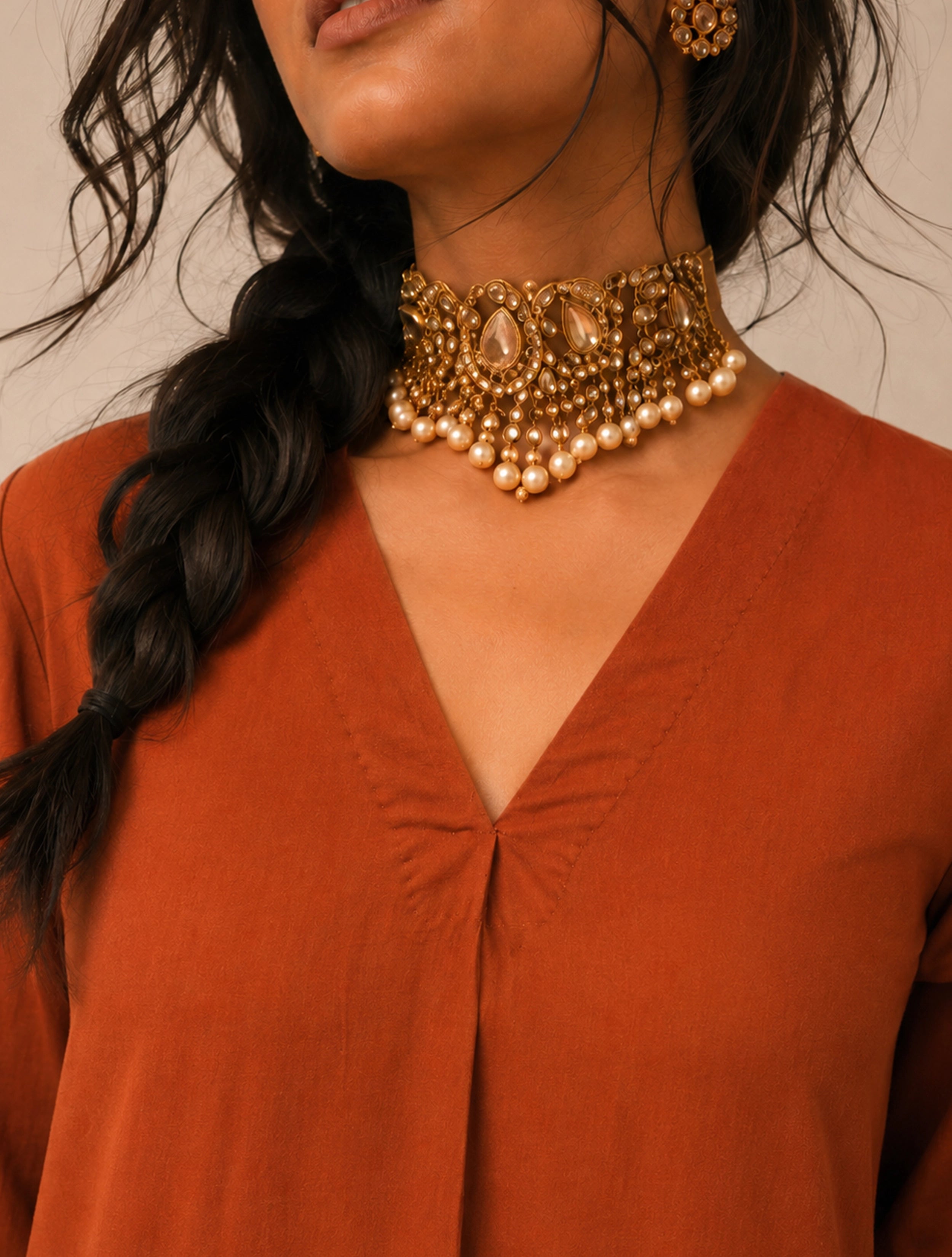 trueBrowns Rust Solid Viscose High-Slit Kurta Set