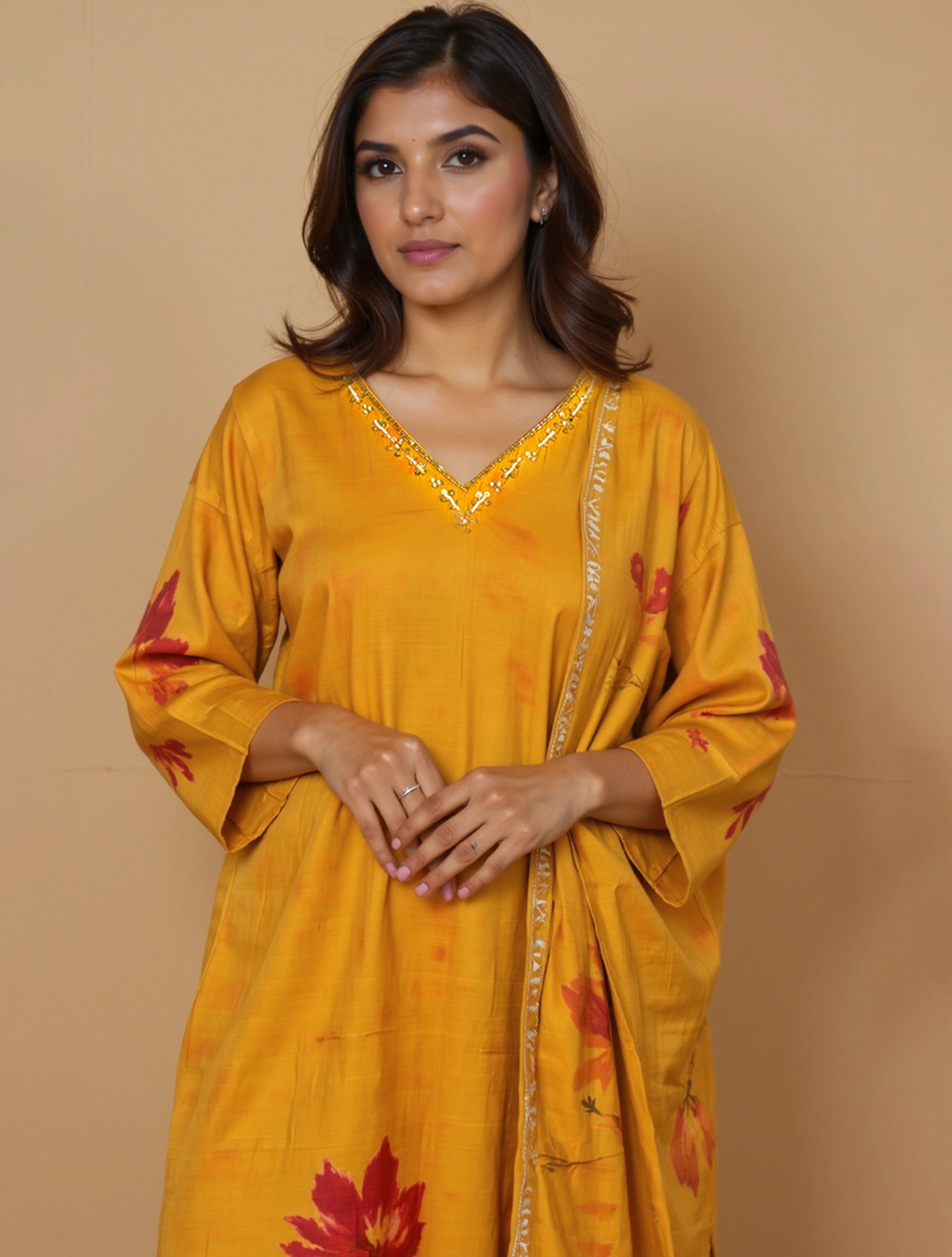 trueBrowns Lime Floral Print Kurta Pant Dupatta Set