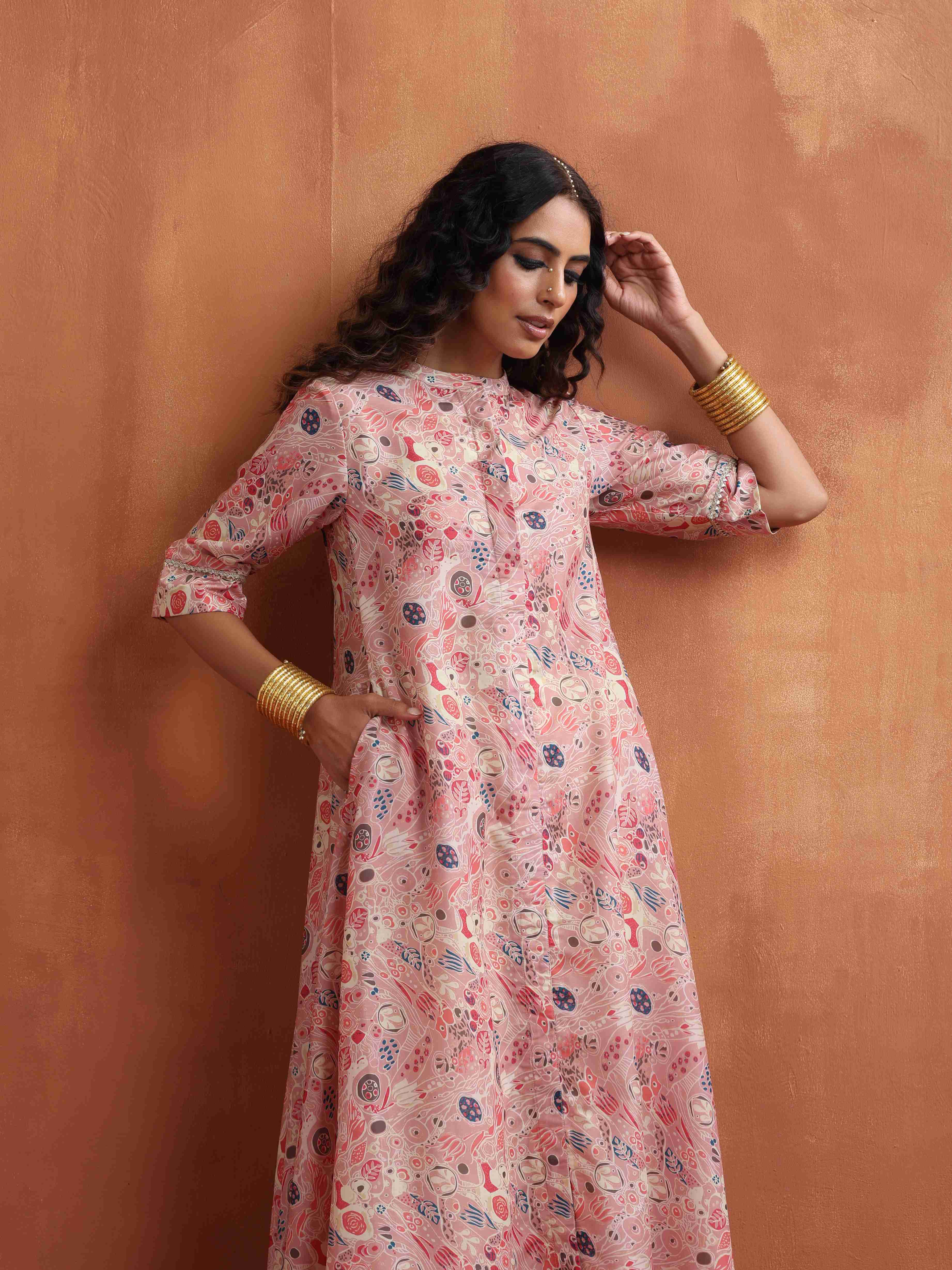 trueBrowns Pink Flared Anarkali Kurta Set