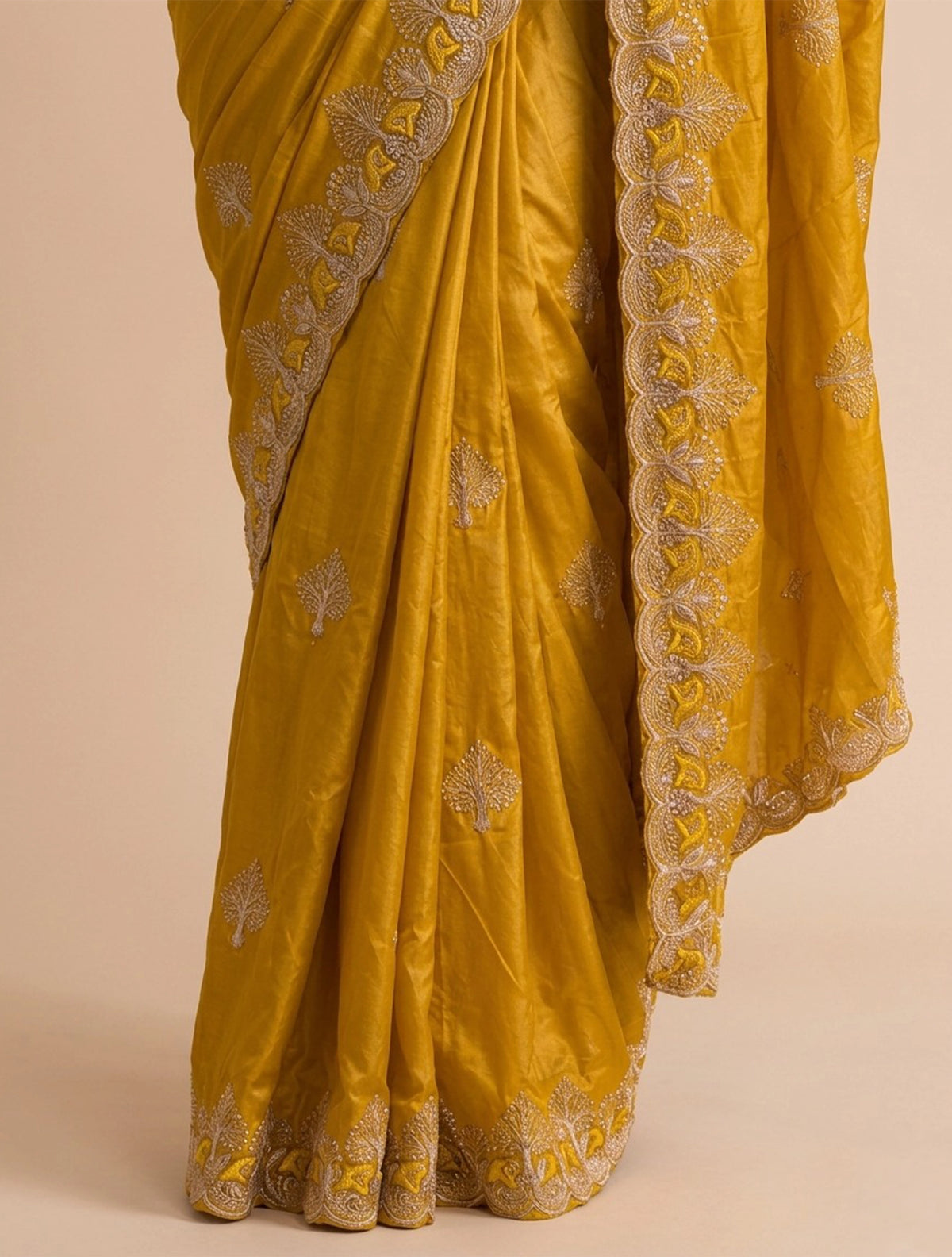 trueBrowns Mustard Paan Embroidered Silk Blend Saree With Unstitched Blouse