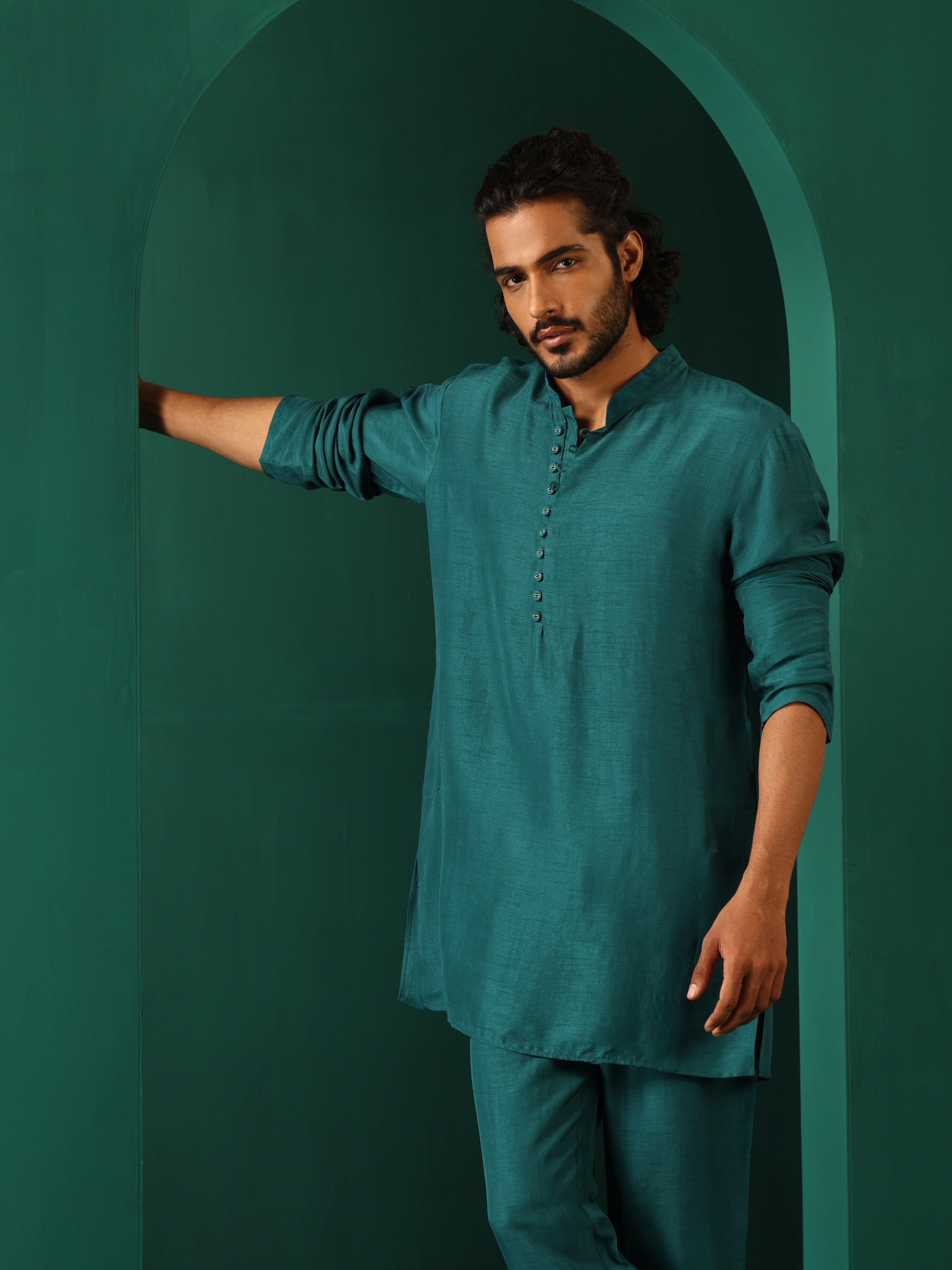 trueBrowns Men Teal Silk Co-ord Set