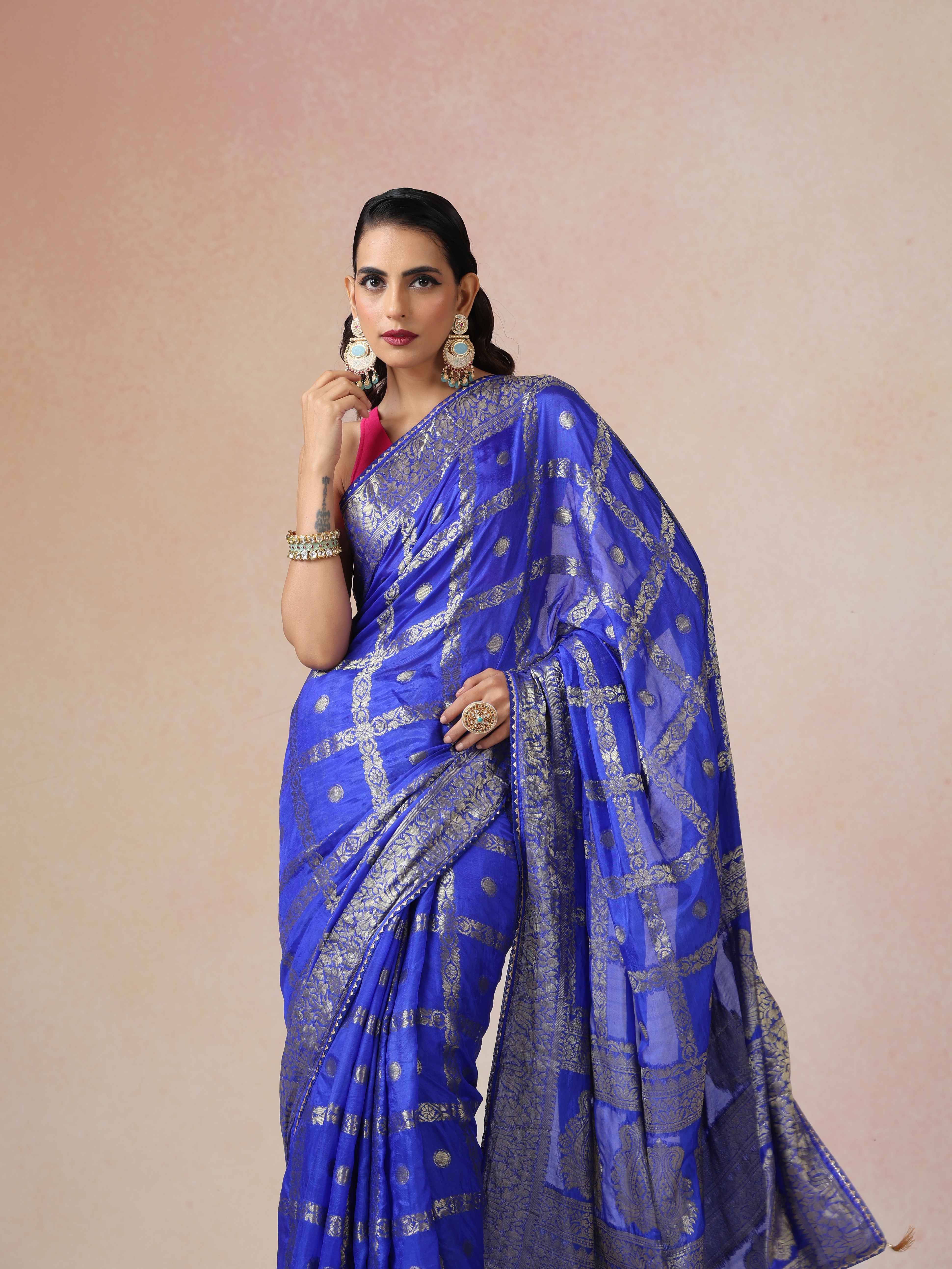 trueBrowns Electric Blue Bandhani Jacquard Saree With Unstitched Blouse