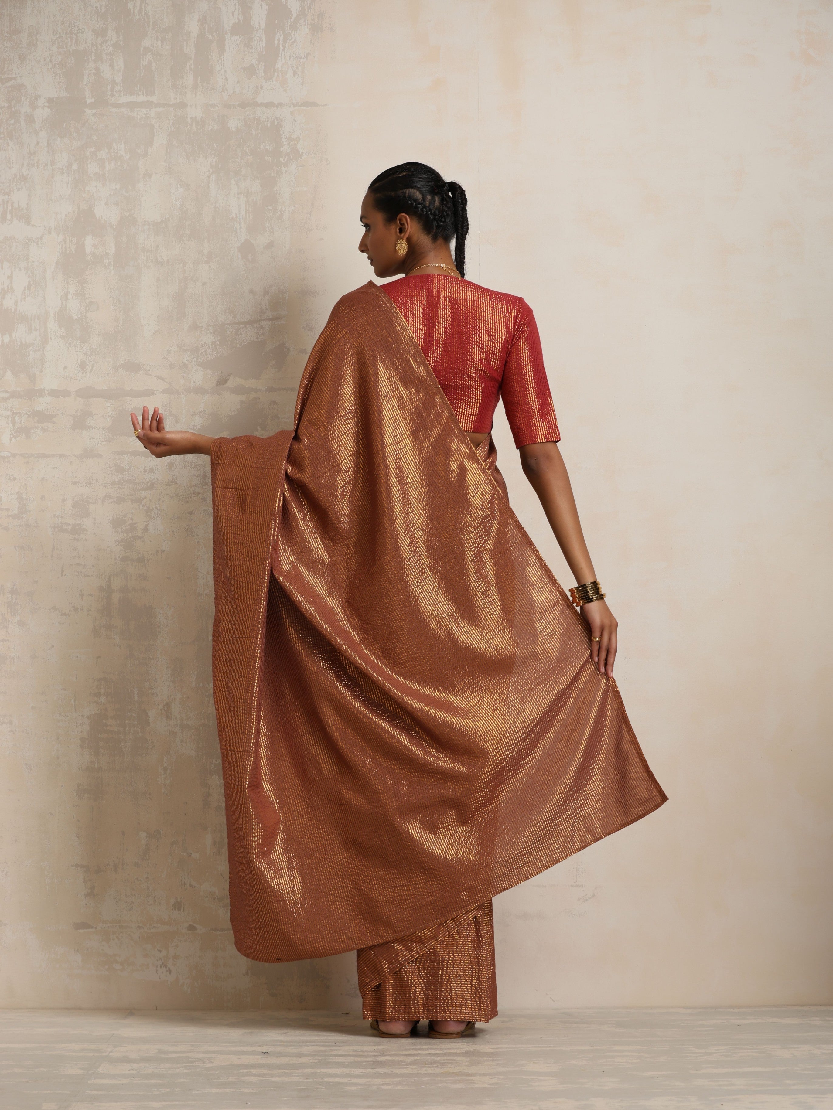 trueBrowns Brown Gold Lurex Ready To Wear Saree